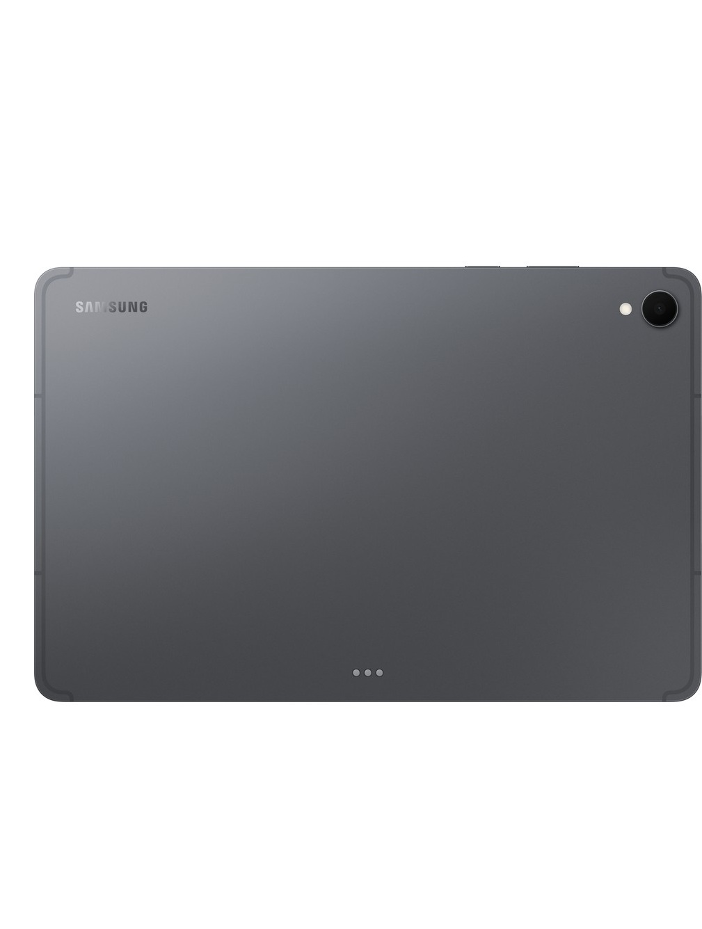 Kamera ve şarj kontaklı koyu gri Samsung tabletin arkası.