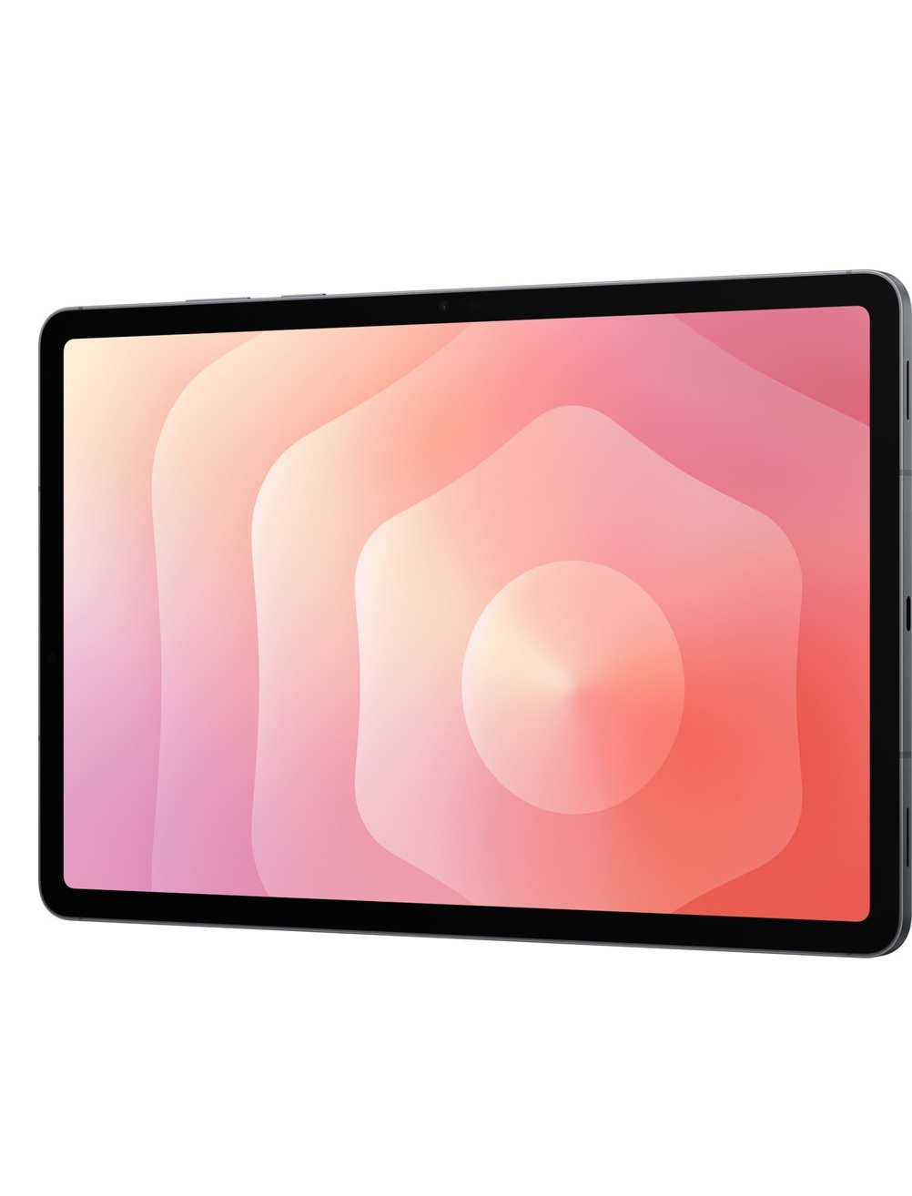Ekranında renkli, soyut bir arka plana sahip koyu renkli bir tablet.