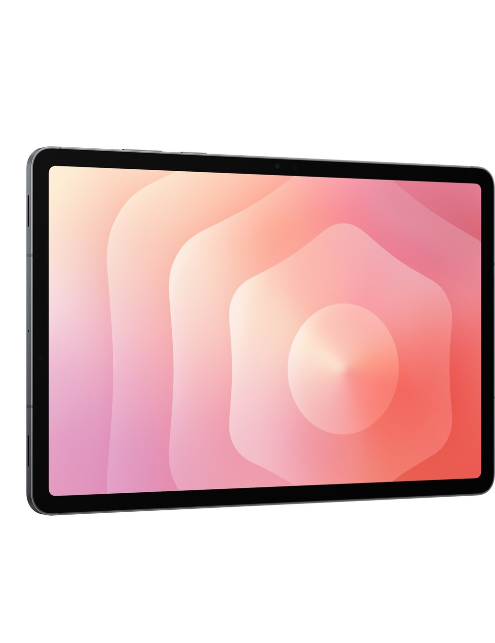 Üst üste binen şekiller ve gradyanlar içeren renkli soyut duvar kağıdı gösteren gri bir tablet.