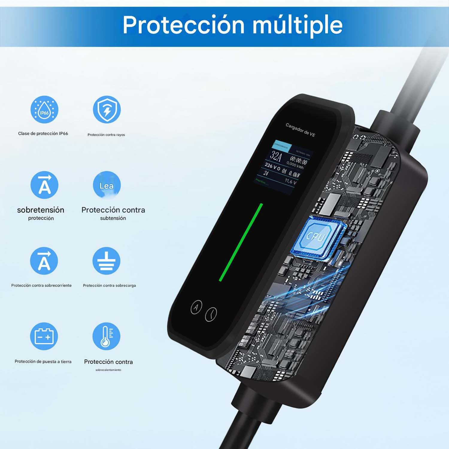 Cargador de VE con pantalla de CPU que muestra protección IP66, protección contra rayos, sobretensión.