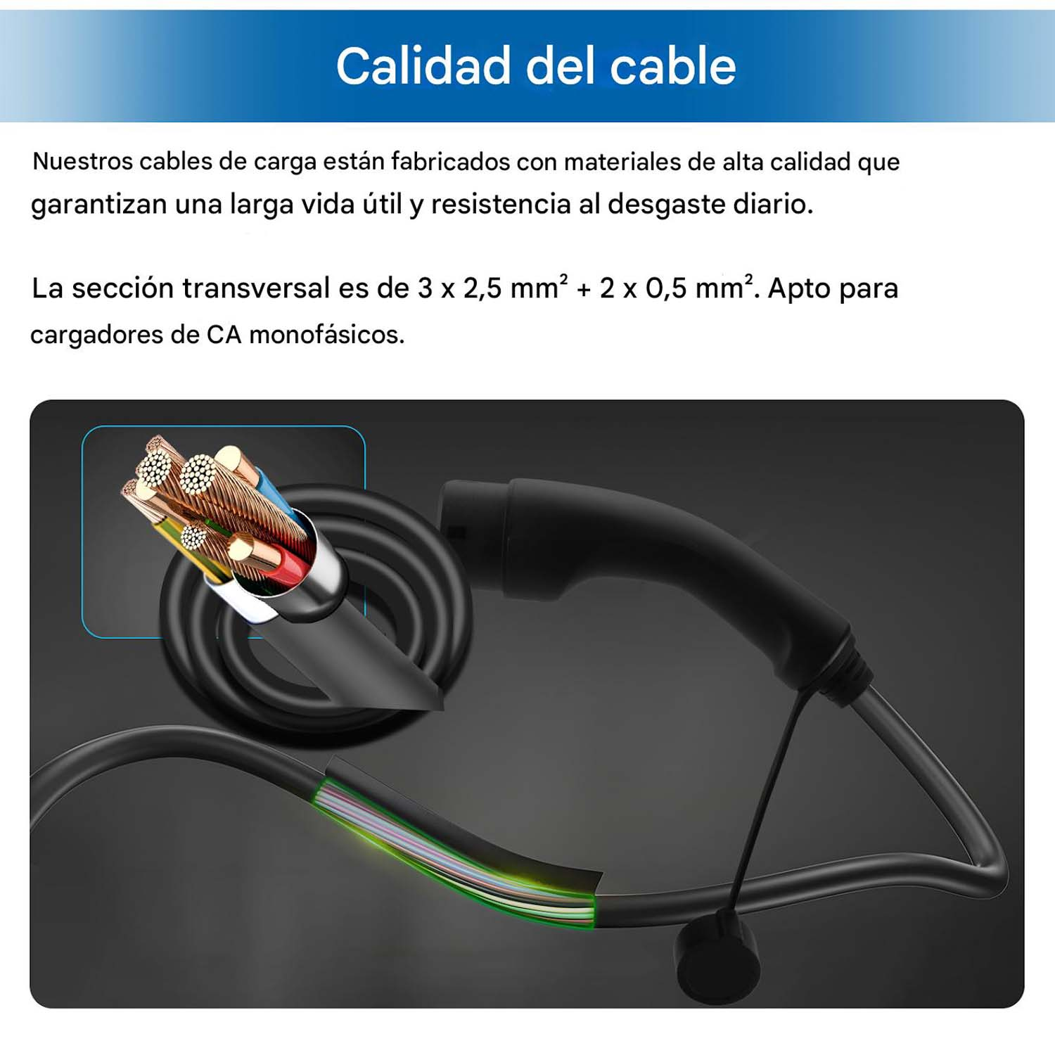 Sección transversal: 3x2,5mm²+2x0,5mm². Cable de carga duradero.