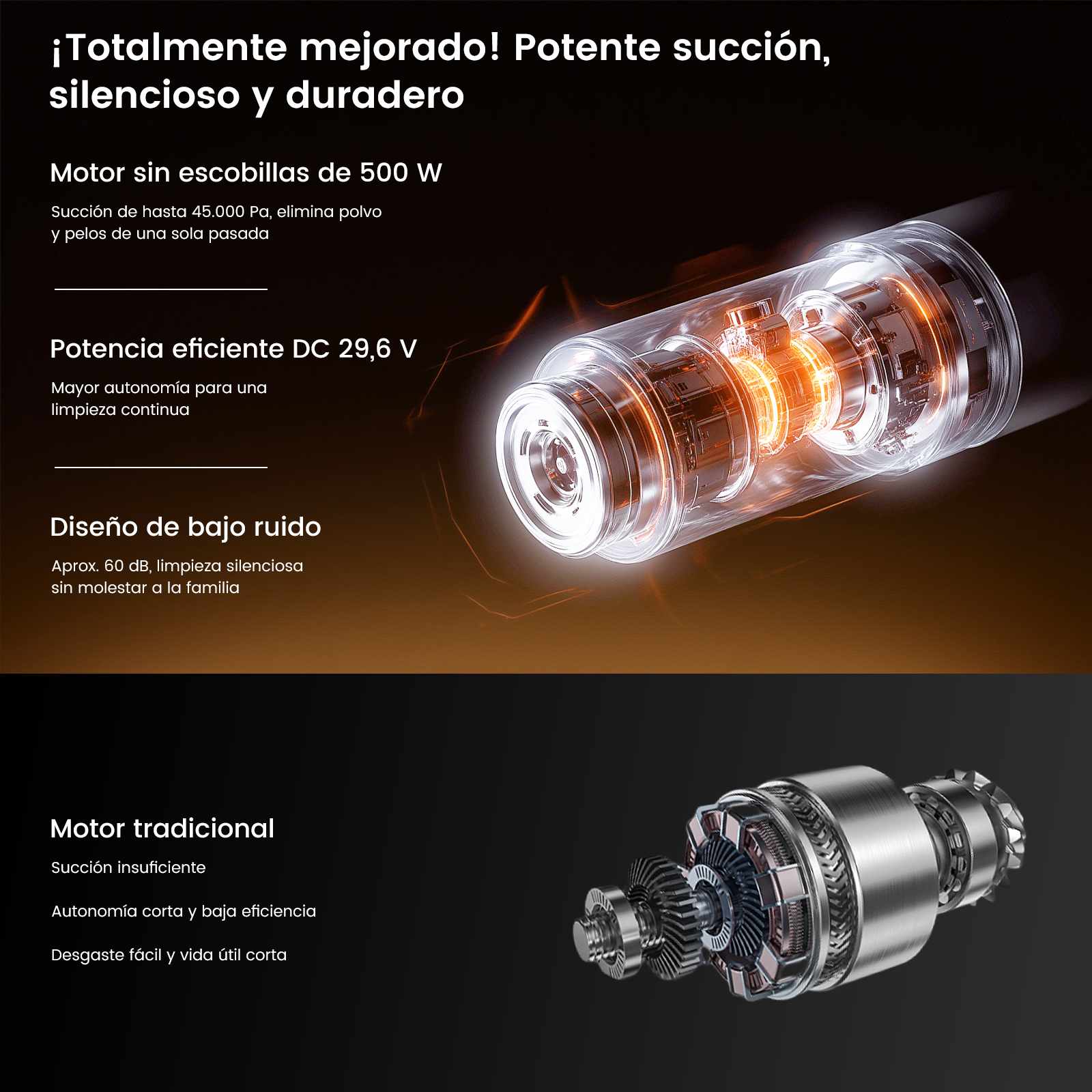 Un motor brillante en la sección superior, un motor tradicional en la inferior.