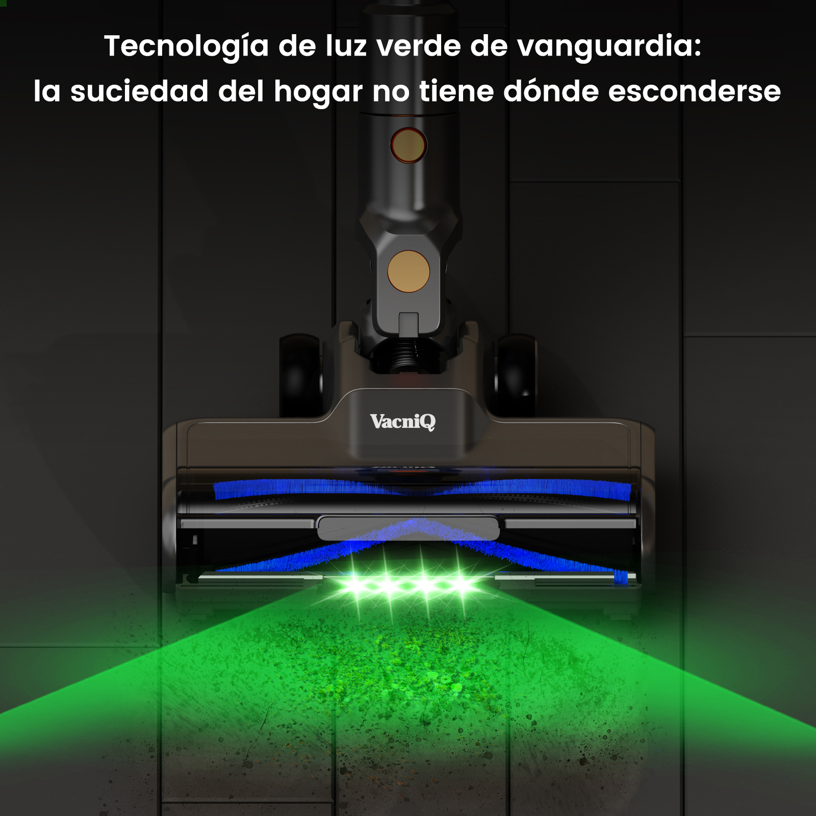 Una aspiradora con cepillo azul y luces verdes ilumina la suciedad.