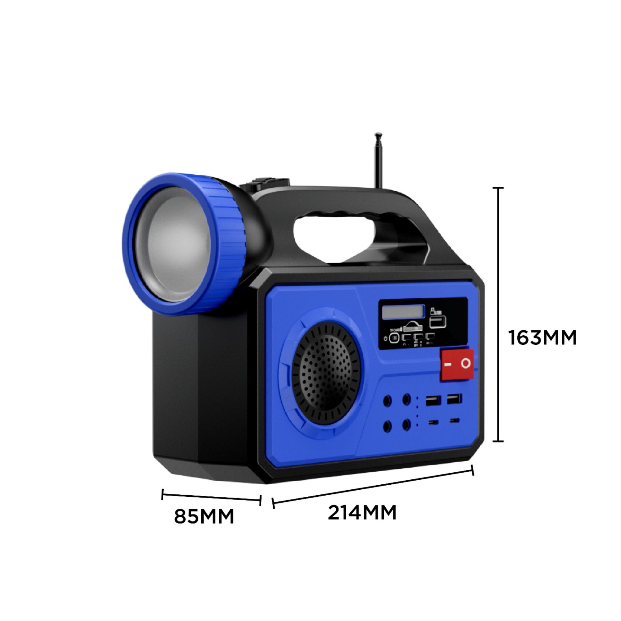 Un dispositivo portátil con linterna, rejilla de altavoz y puertos USB.