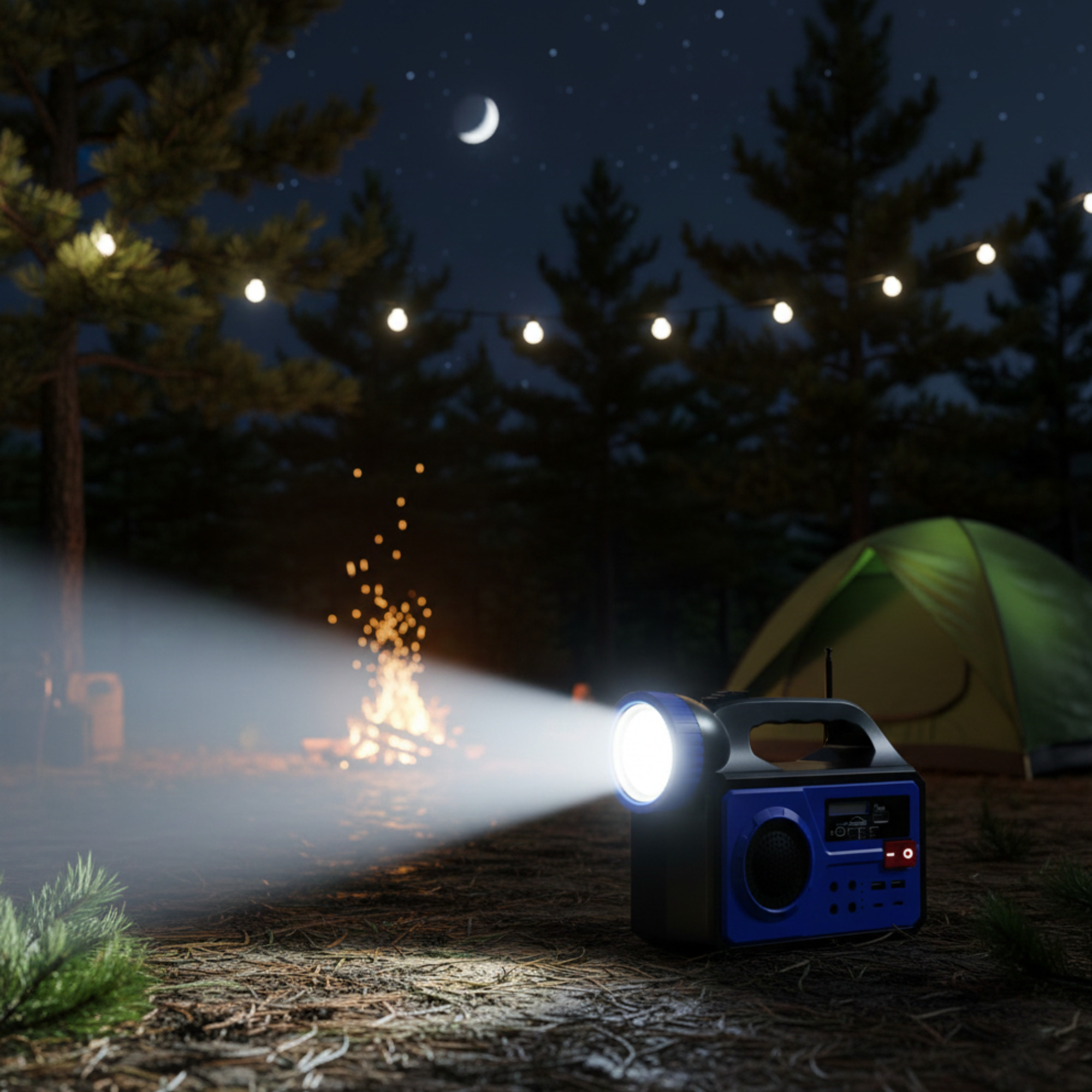 Noche en el bosque: fogata, tienda, guirnalda de luces y un foco.