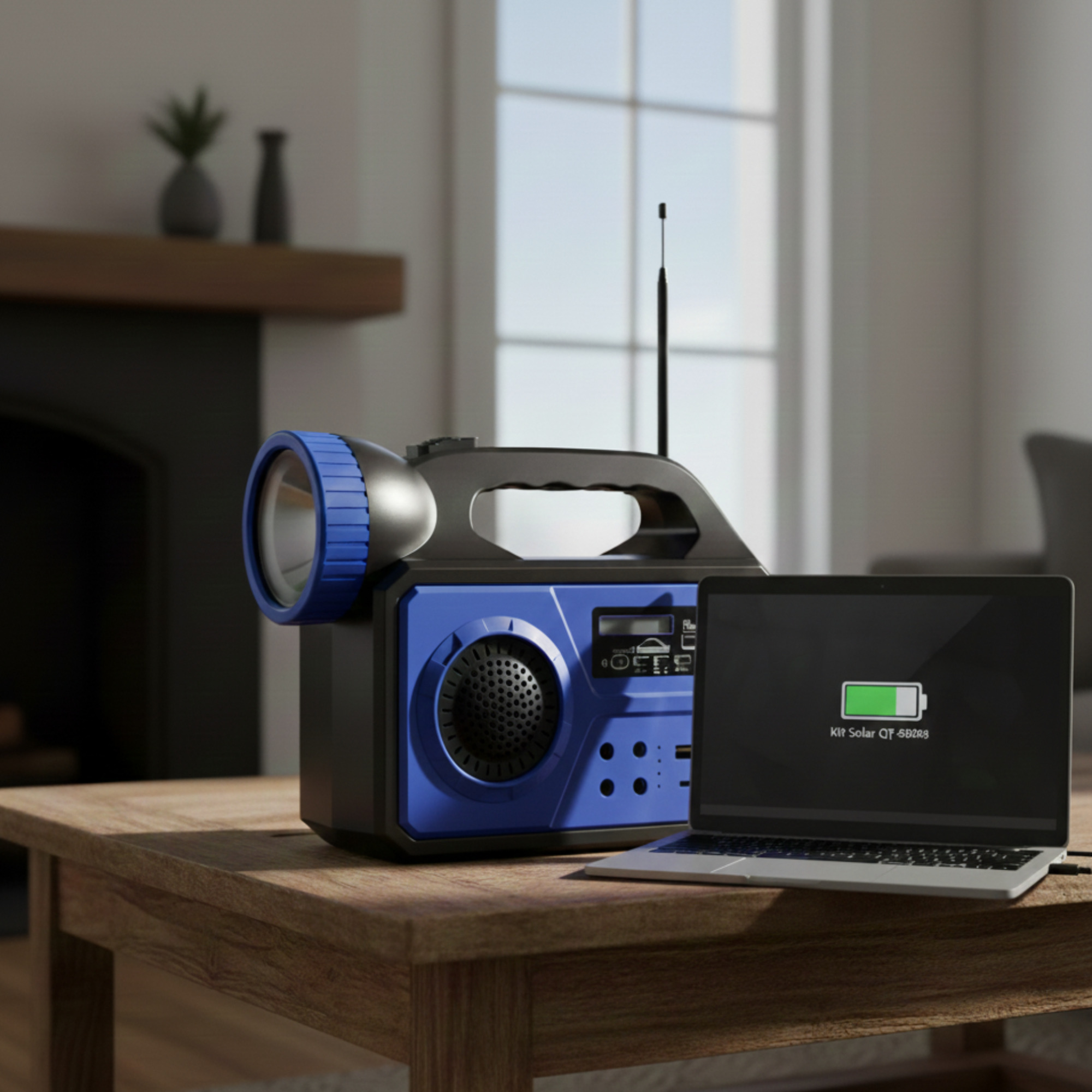 Una radio solar con linterna y portátil sobre una mesa de madera.