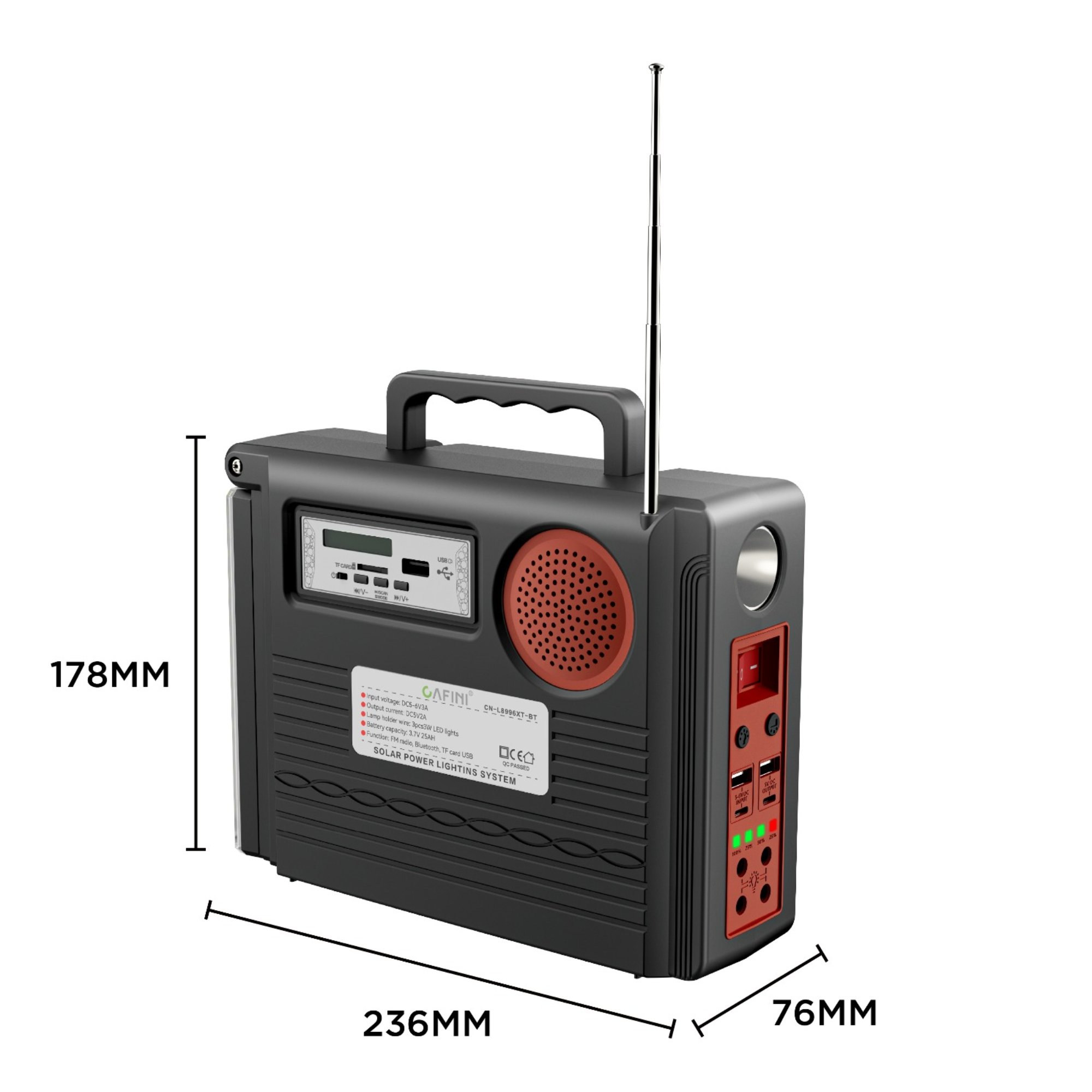 Sistema de iluminación solar negro con asa, antena, altavoz, puertos USB y pantalla LCD.