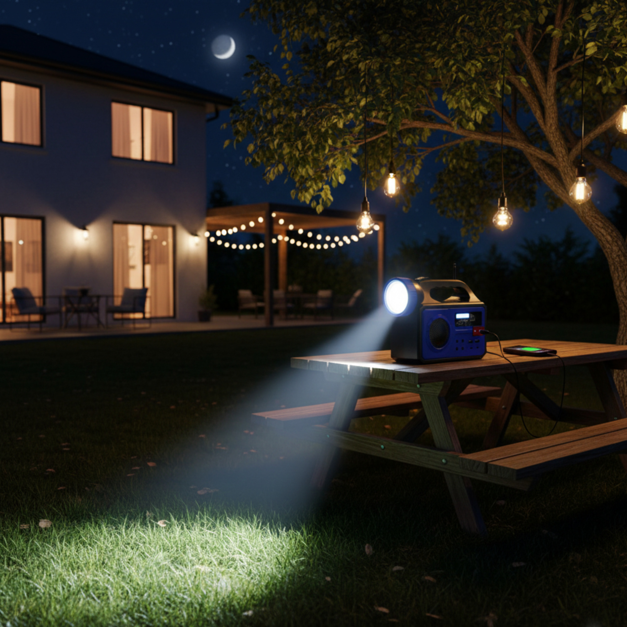 Un proyector ilumina un césped frente a una casa, un teléfono está sobre una mesa.