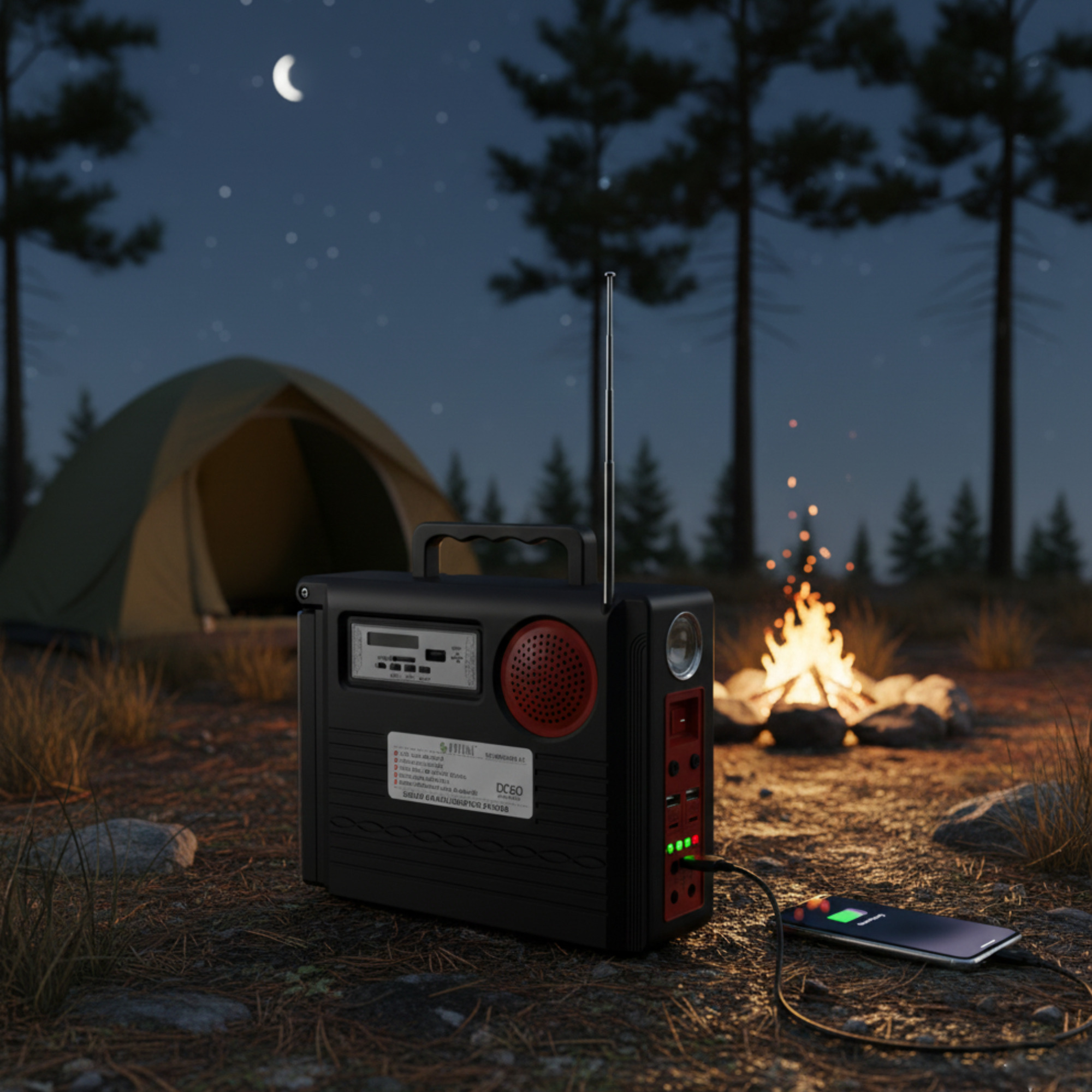 Una radio de camping negra carga un teléfono por la noche en un bosque.