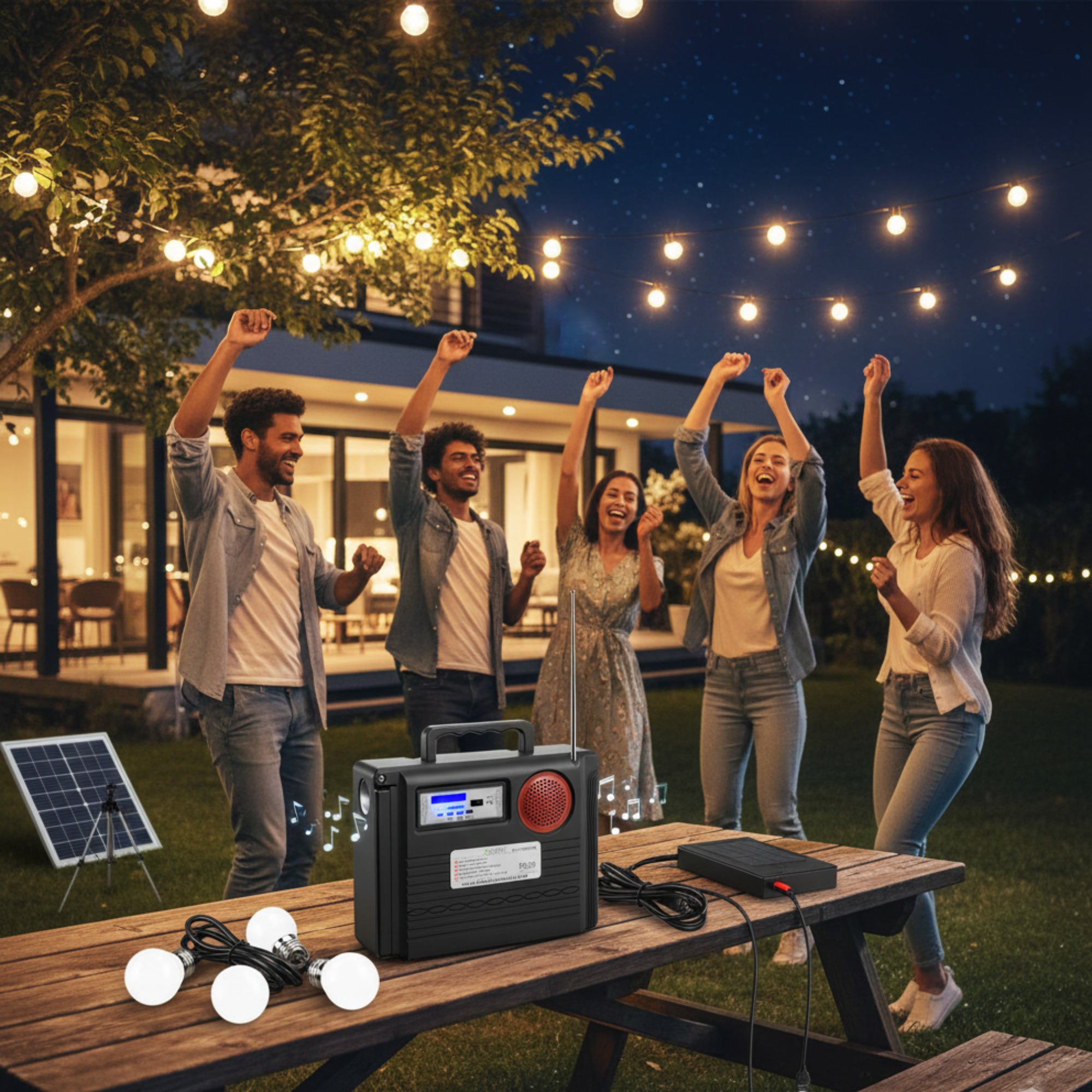 Cinco amigos bailan por la noche en un jardín con luces.