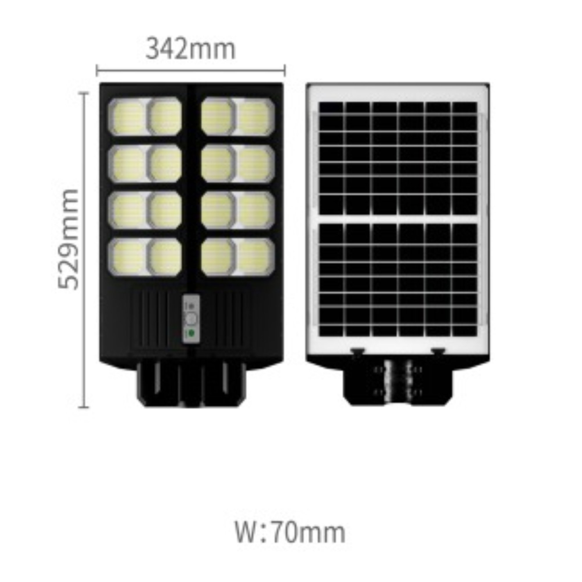 Luz solar negra con LEDs visibles y panel solar. Se muestran las dimensiones.