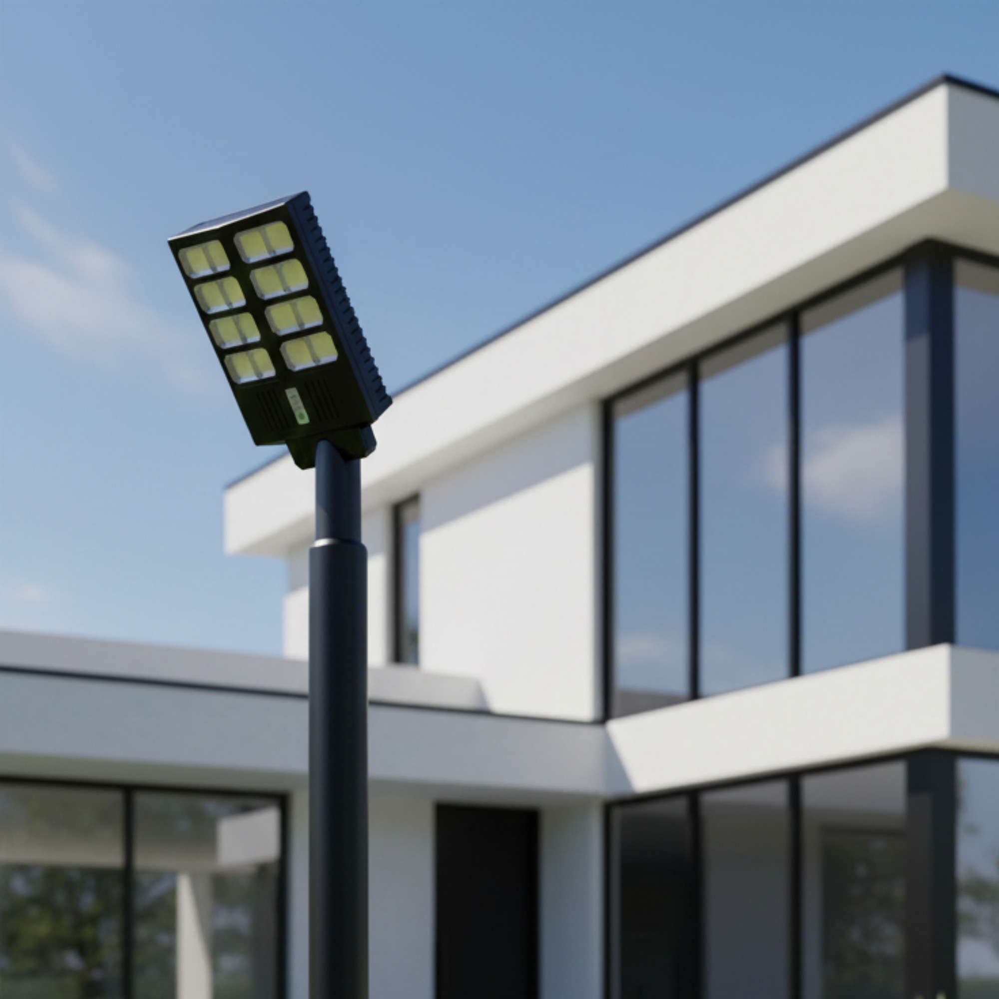 Una lámpara solar se alza frente a una casa moderna y blanca con grandes ventanales.