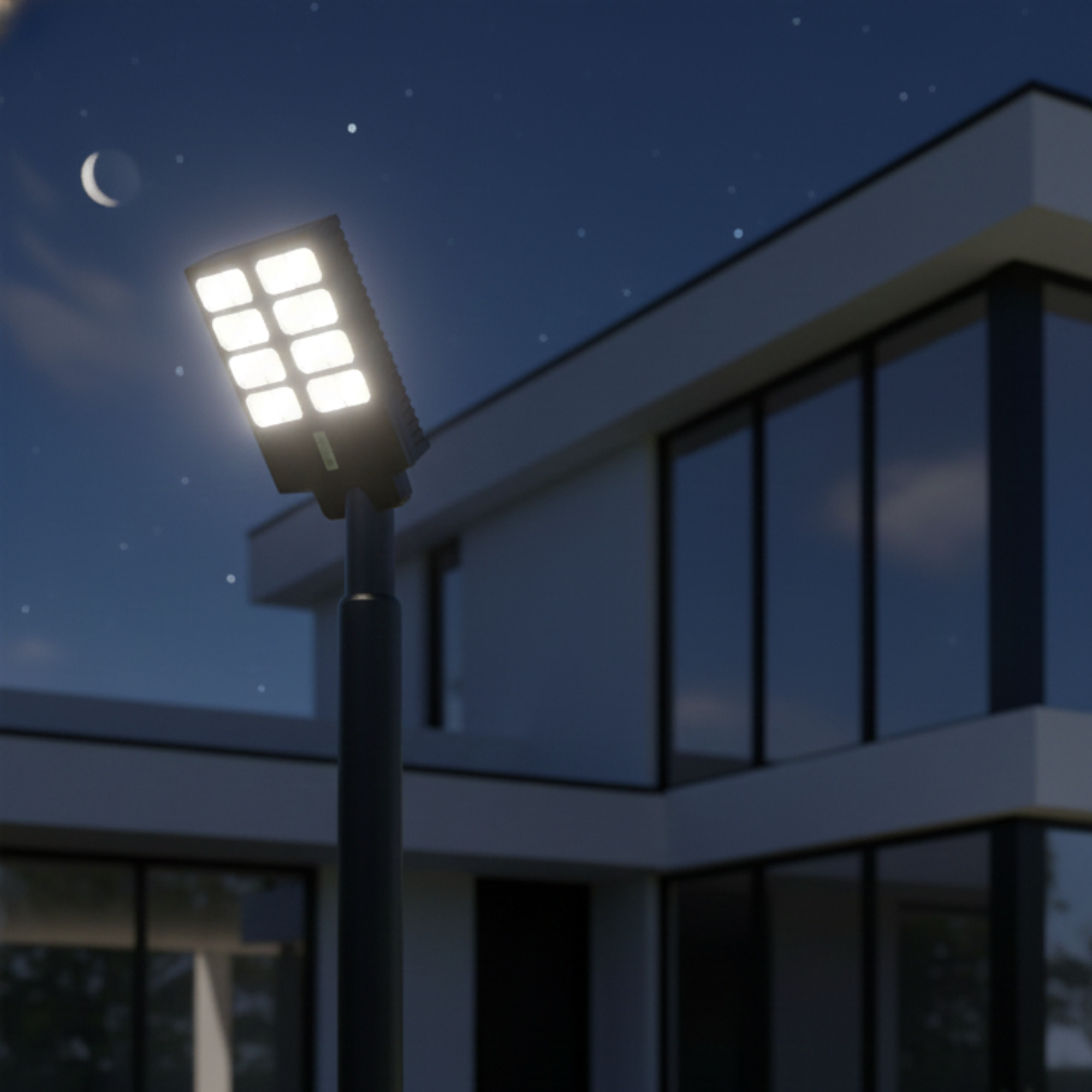 Una farola solar ilumina una casa moderna de noche, con luna y estrellas visibles.