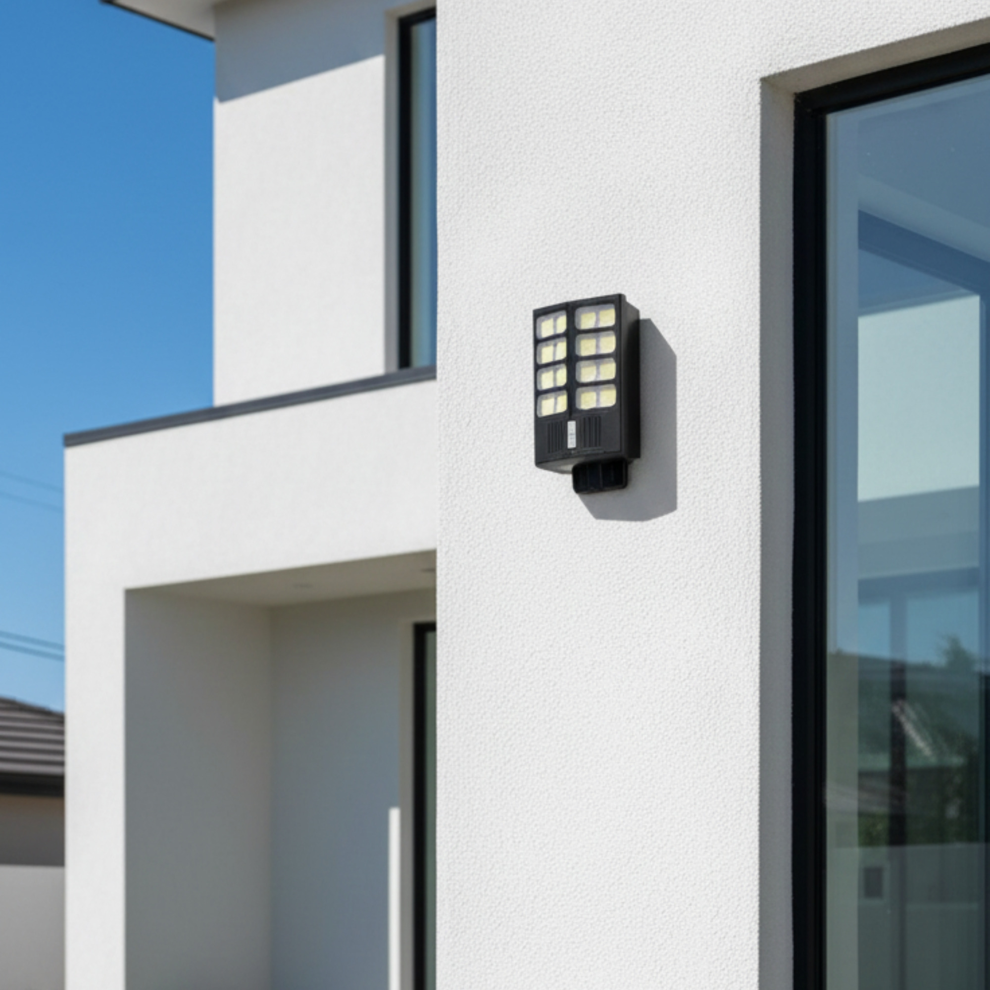 Un foco solar exterior negro está fijado a la pared blanca de una casa.