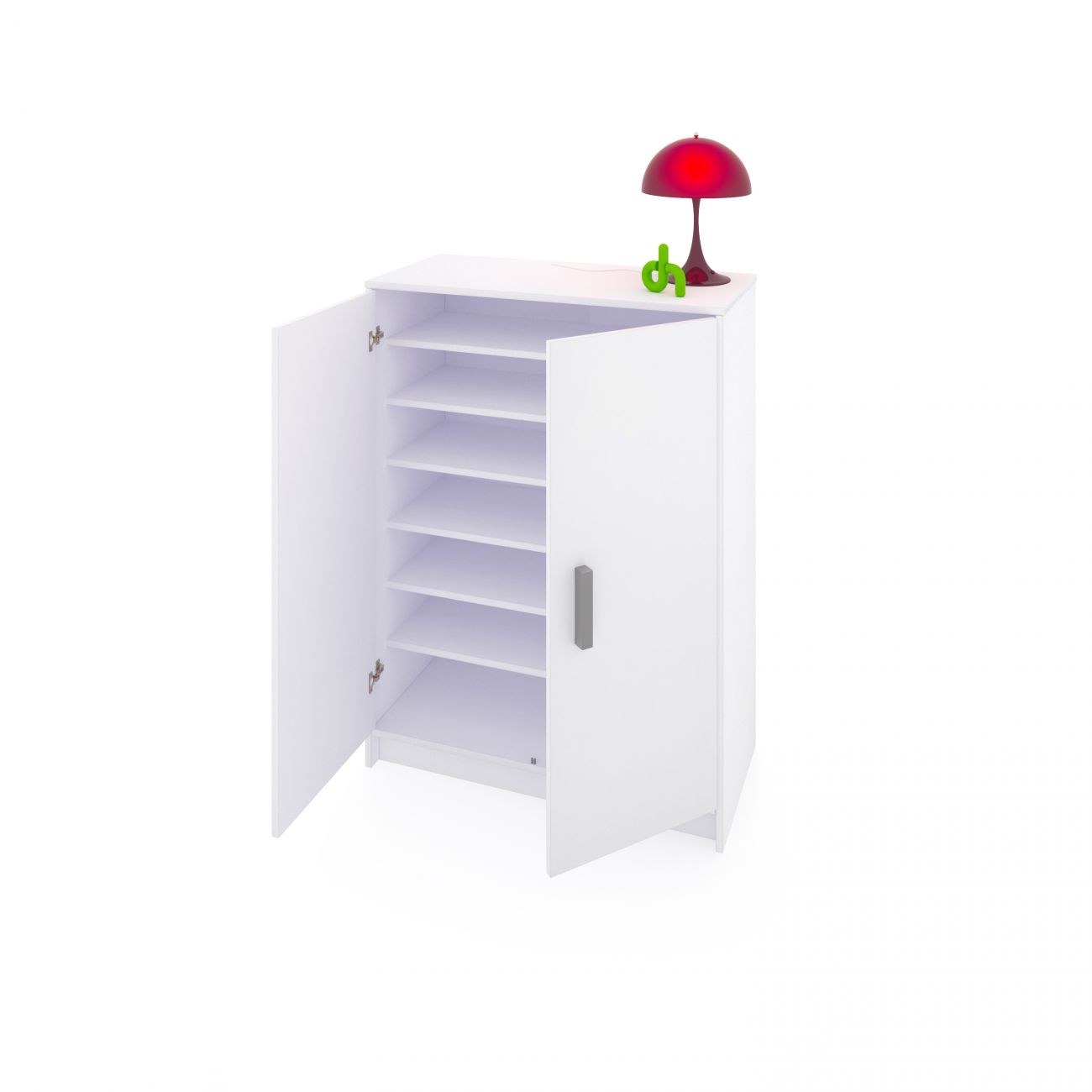 Un armario blanco con puertas abiertas y estantes. Encima, una lámpara roja y decoración verde.