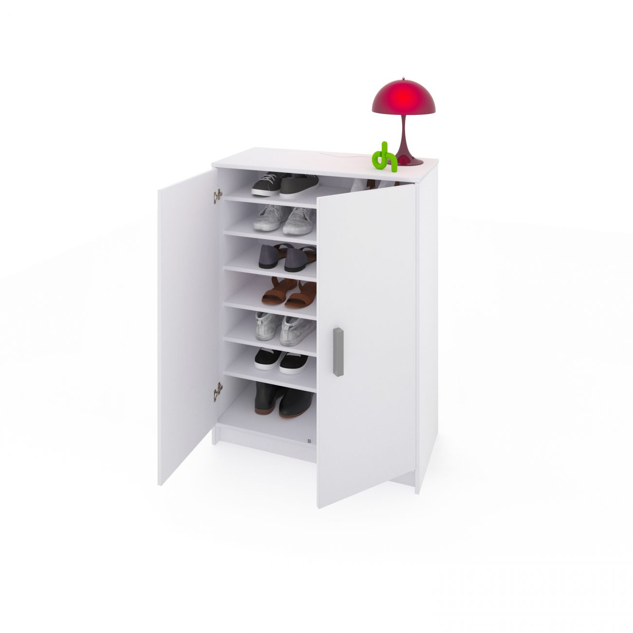 Un zapatero blanco con puertas abiertas, lleno de zapatos, una lámpara roja encima.