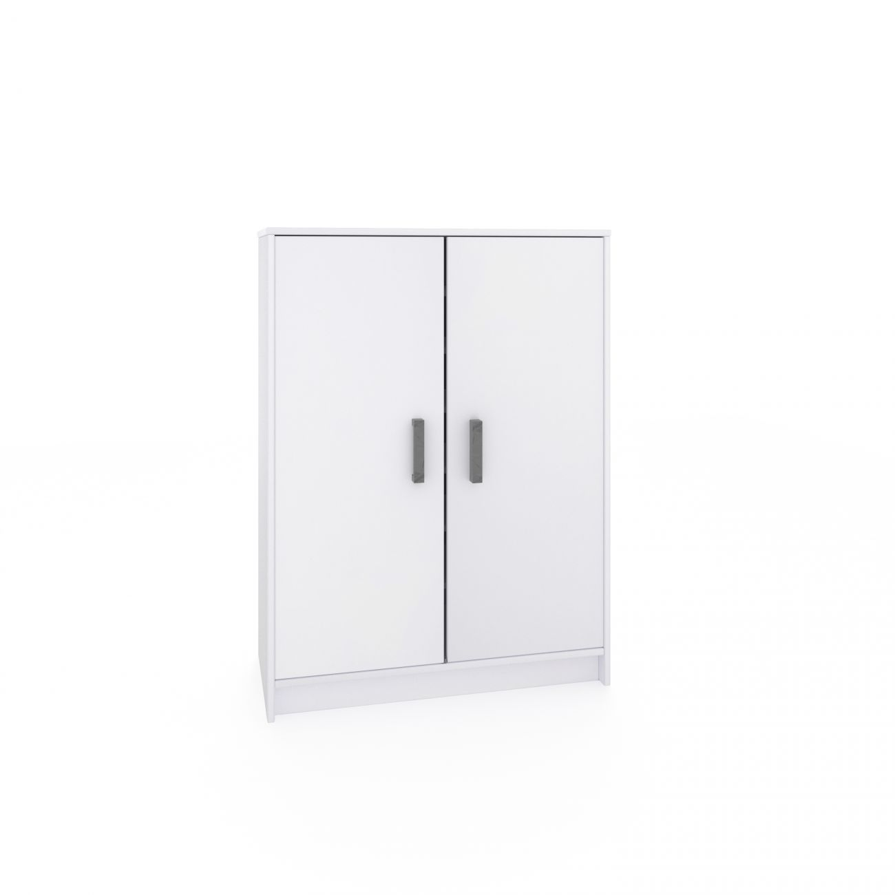 Un armario blanco con dos puertas y tiradores plateados.