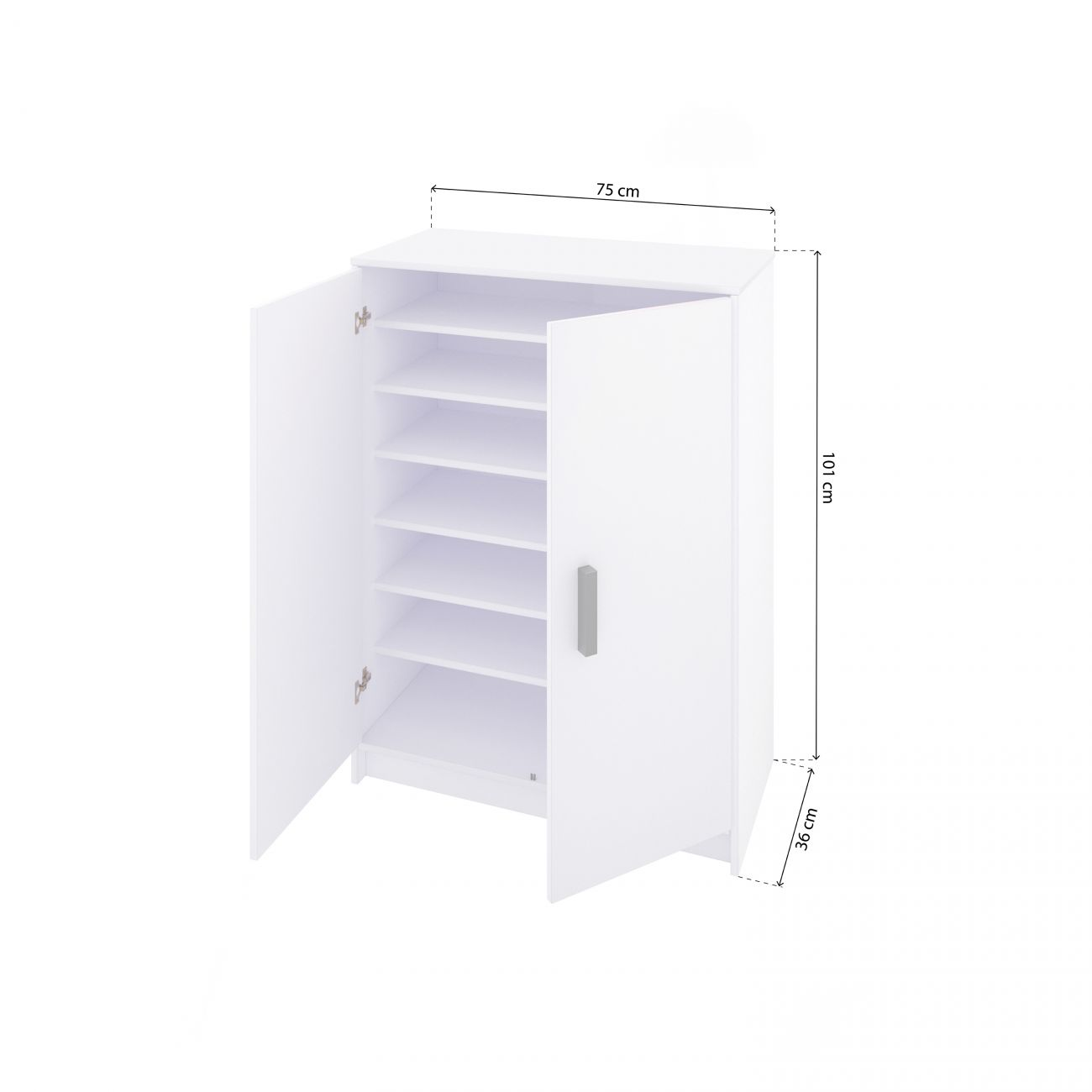 Un mueble blanco con puertas abiertas y estantes. Se muestran dimensiones.