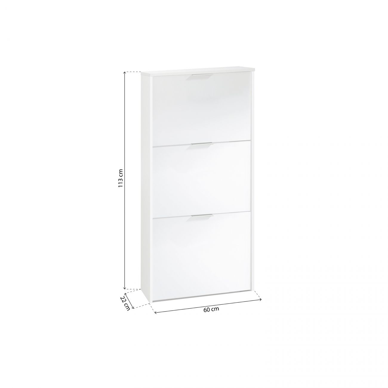 Zapatero blanco con tres cajones abatibles. Dimensiones: 113x60x22 cm.