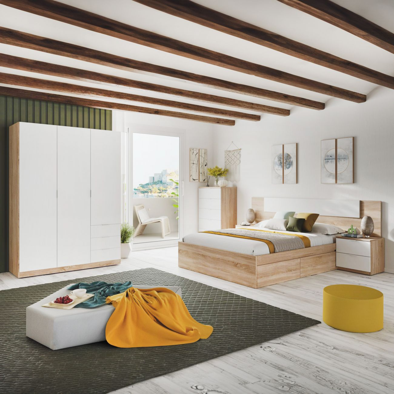 Dormitorio moderno con vigas de madera, armario blanco, cama y puf amarillo.