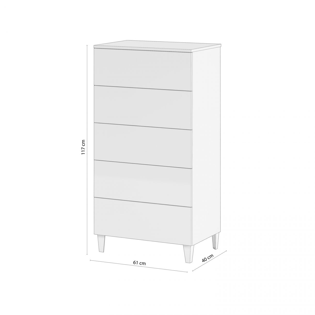 Un mueble blanco y alto de cajones con cinco cajones y patas inclinadas.