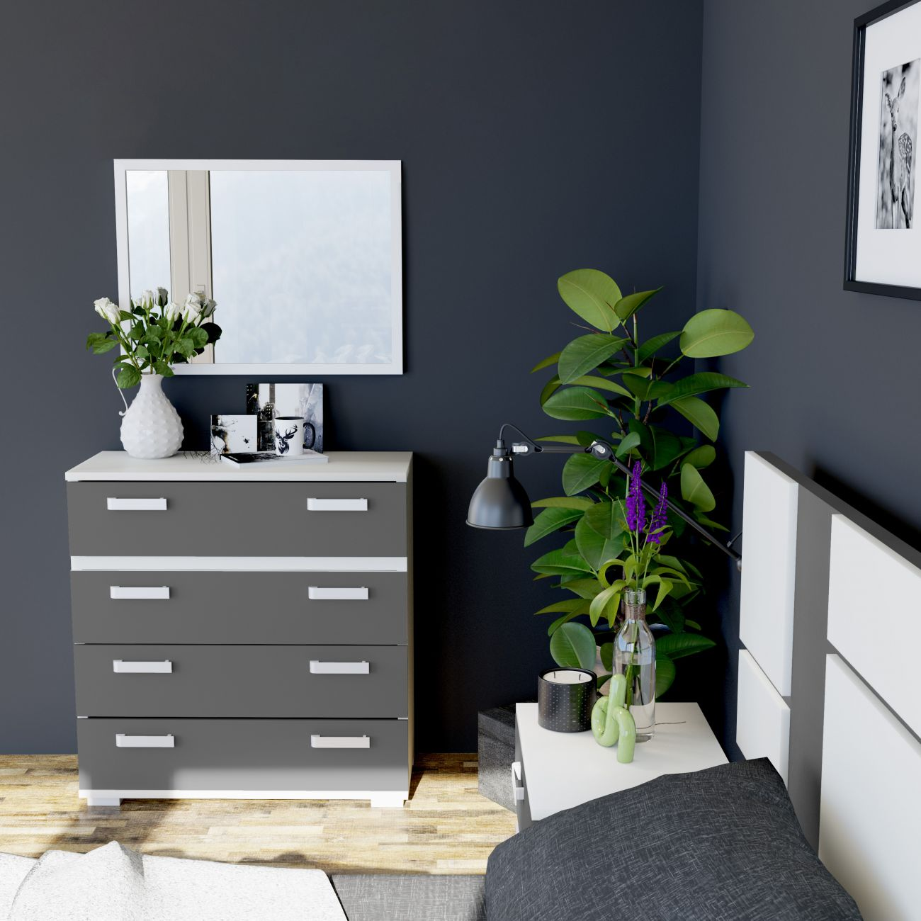 Un dormitorio con paredes oscuras, cómoda, espejo, lámpara y planta.