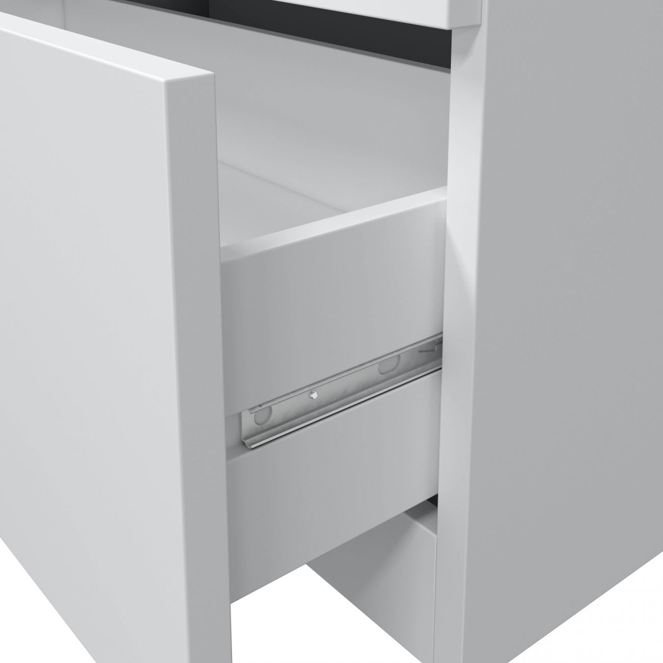 Un mueble blanco con un cajón abierto, mostrando las guías del cajón.