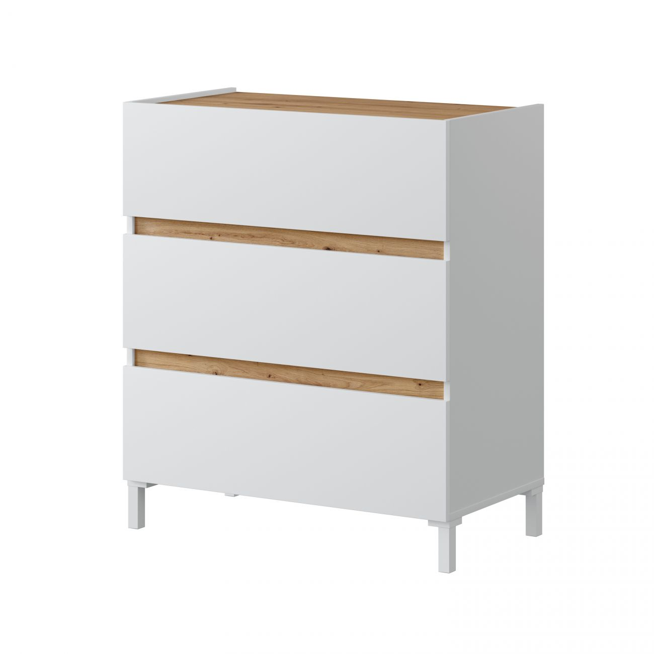 Cómoda blanca con tres cajones, detalles de madera y patas blancas.