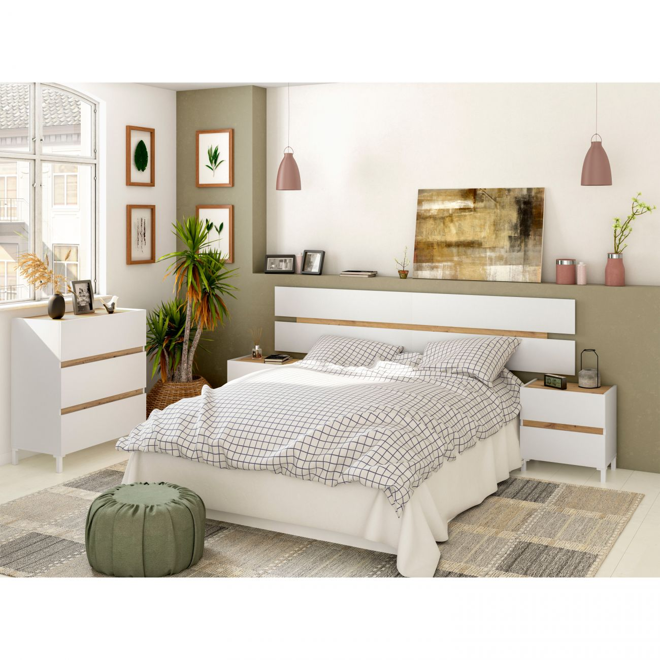 Dormitorio moderno con cama blanca, ropa de cama a cuadros, mesitas de noche y cómoda.