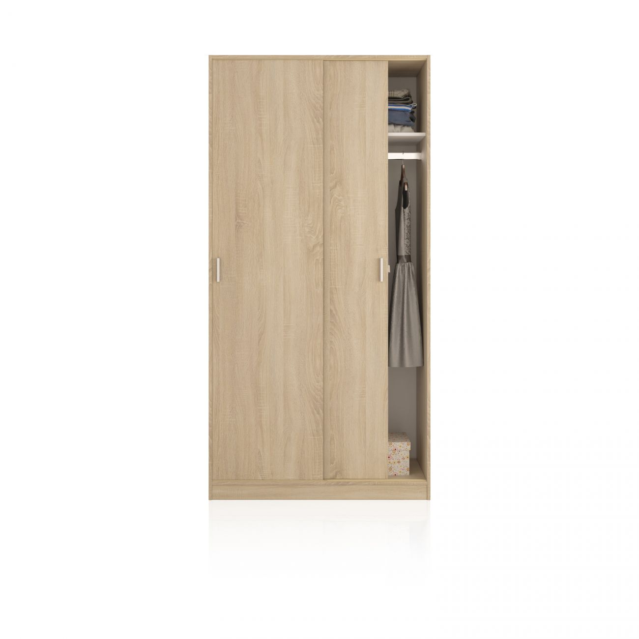 Armario de madera clara con dos puertas correderas, una abierta mostrando ropa.