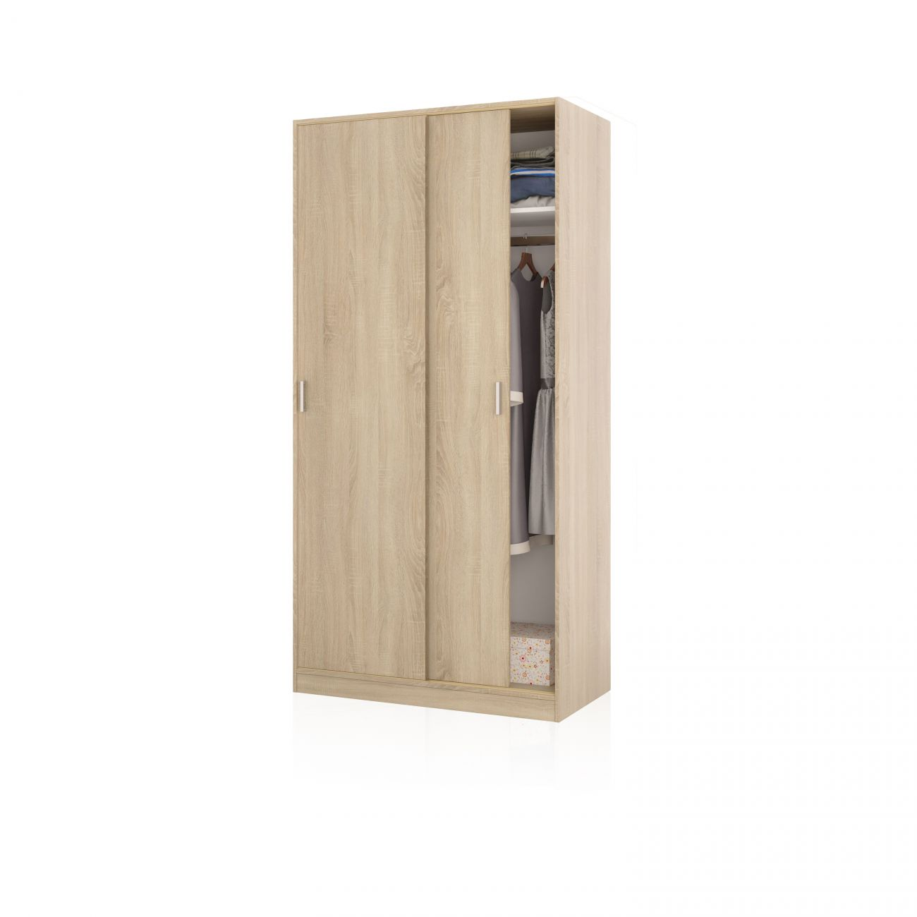 Un armario de madera clara con dos puertas correderas, una abierta.