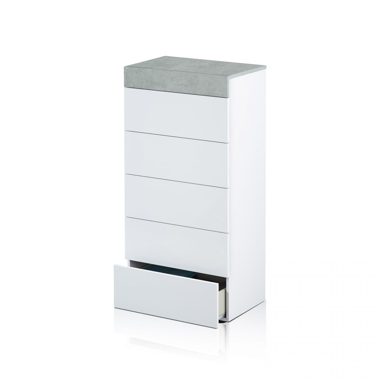 Una cómoda blanca con tapa gris, un cajón está abierto.