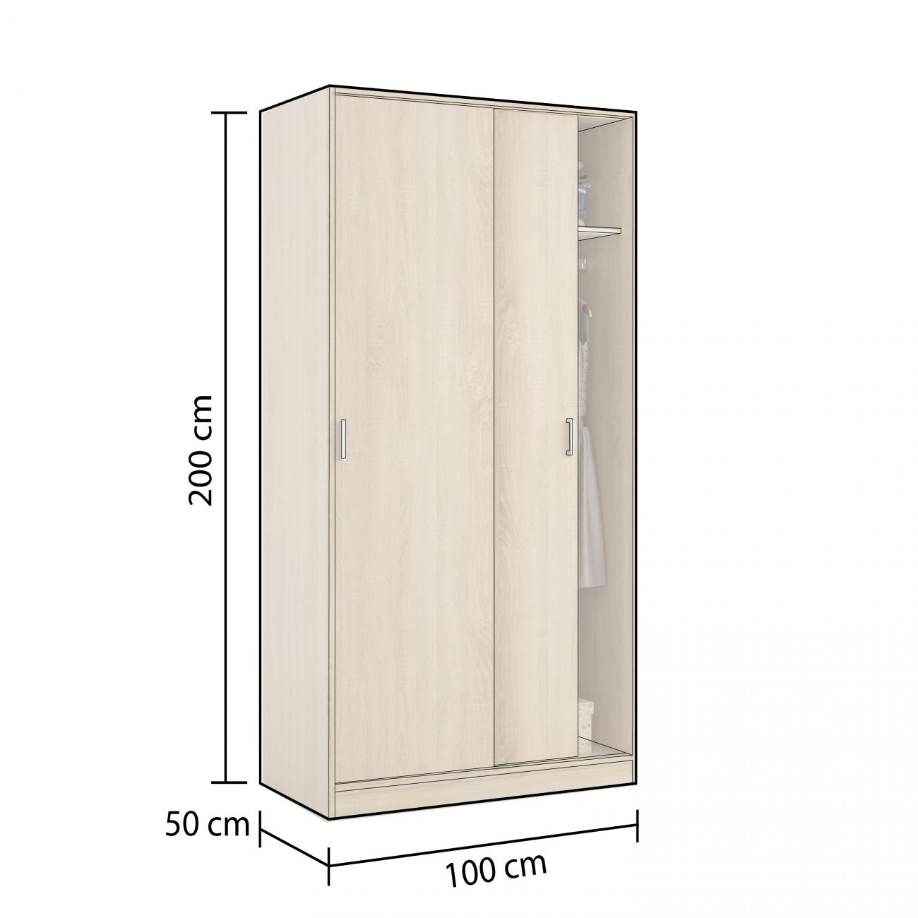 Un armario de madera clara con dos puertas correderas, medidas 100x50x200 cm.