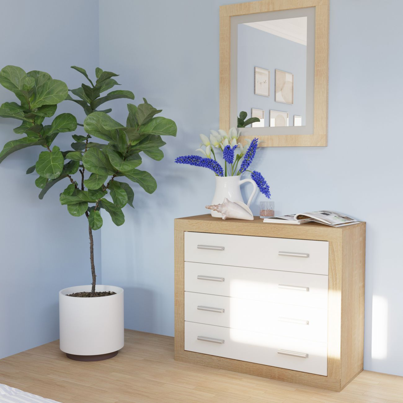 Planta en maceta junto a cómoda con flores y espejo. Azul y beige.
