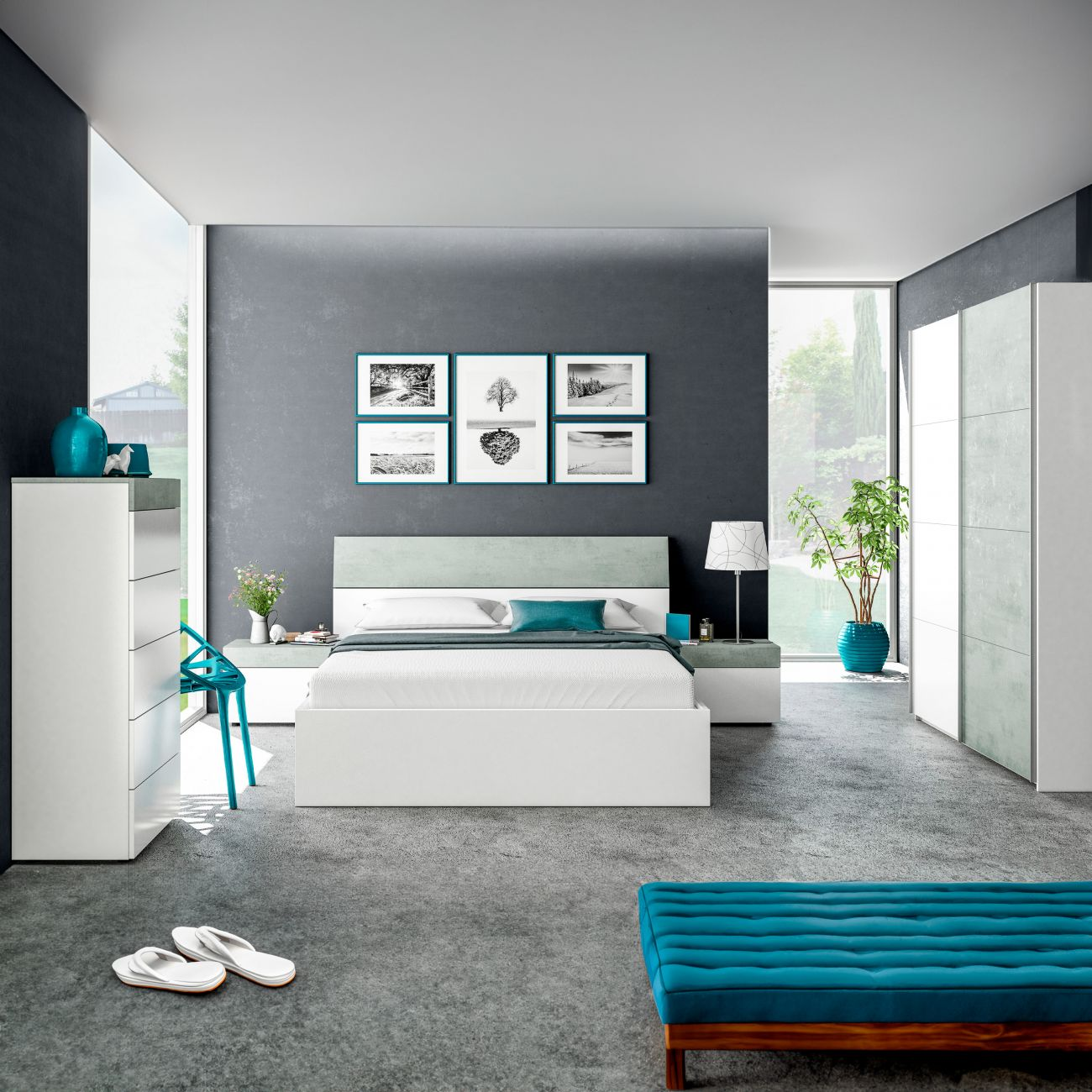 Dormitorio moderno con cama blanca, detalles turquesa, obras de arte y ventanas.