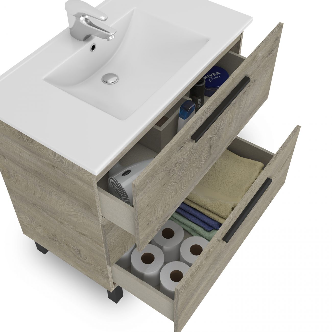 Un tocador de madera con cajones abiertos que contienen papel higiénico, toallas y artículos de tocador.