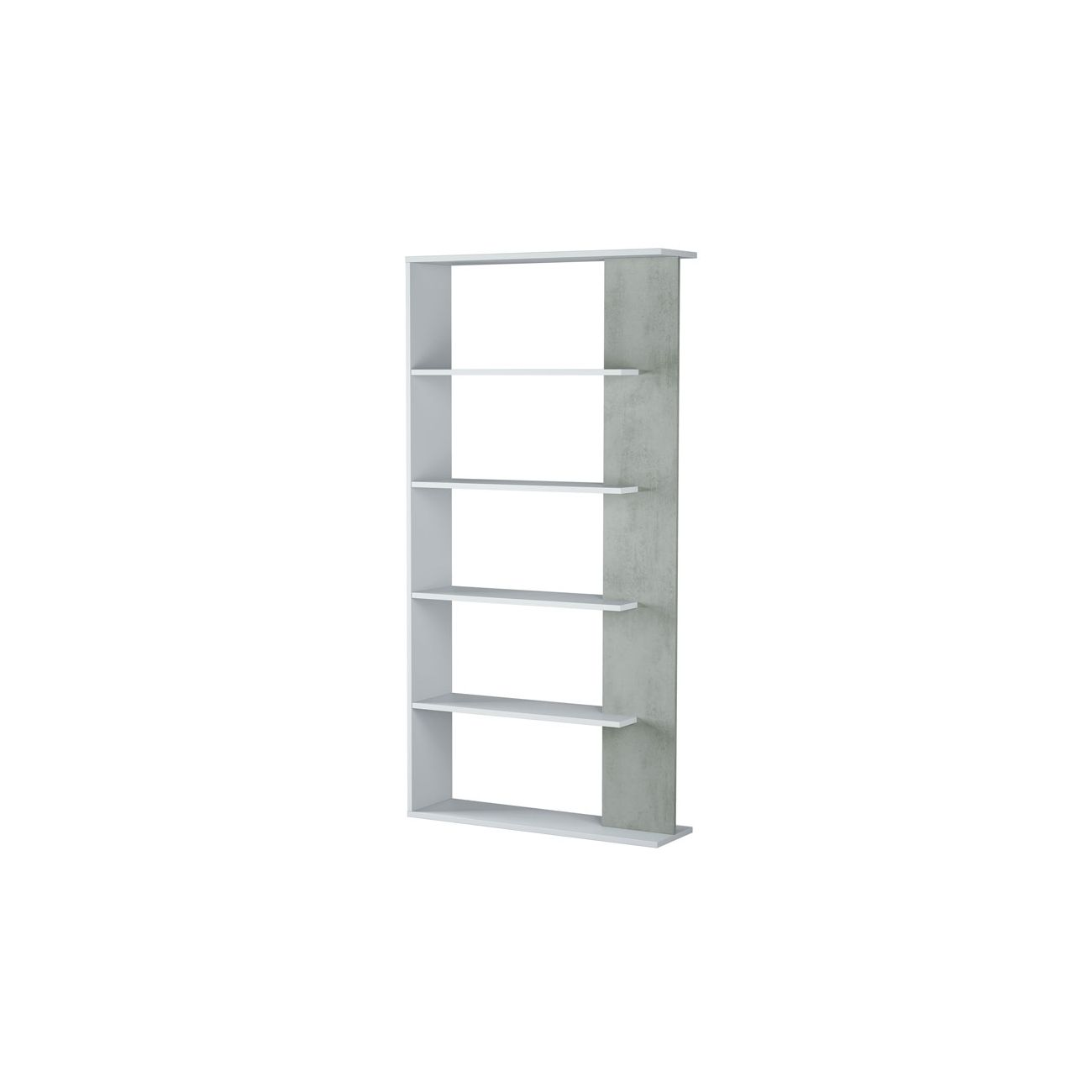 Una estantería blanca con cinco baldas y un panel trasero gris.