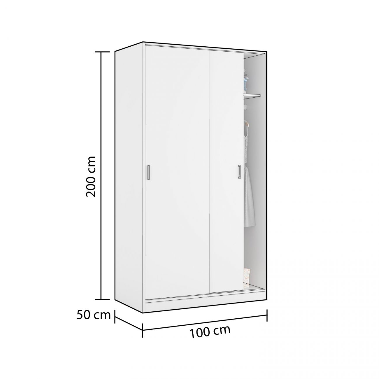 Un armario blanco con puertas correderas. Dimensiones: 200x100x50 cm.