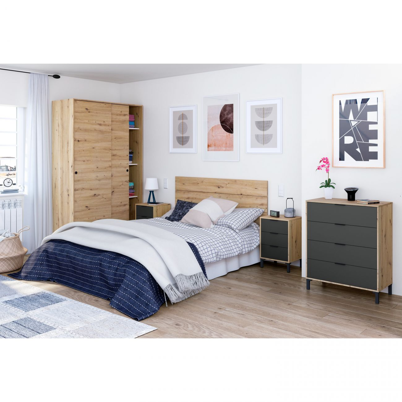 Un dormitorio con cama de madera, armario, mesitas de noche y cómoda.