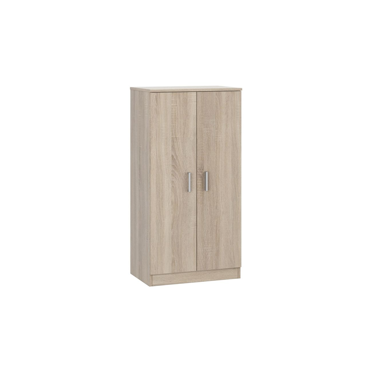 Un armario de madera clara con dos puertas y tiradores plateados.