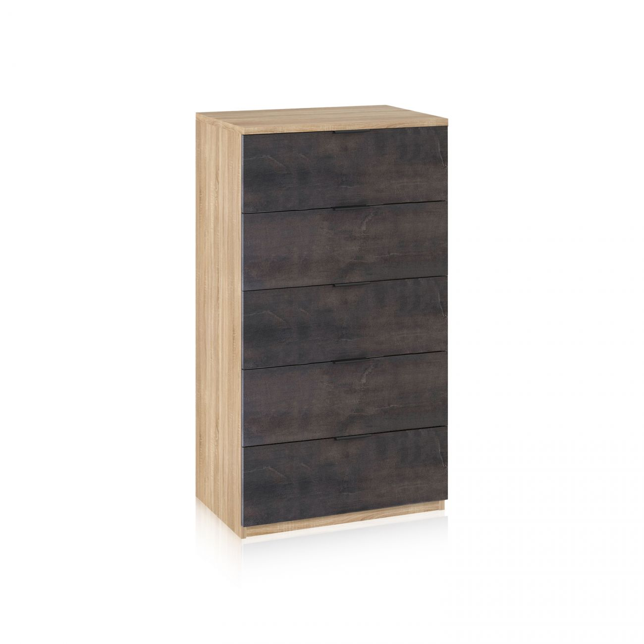 Cómoda oscura con cinco cajones y detalles de madera.