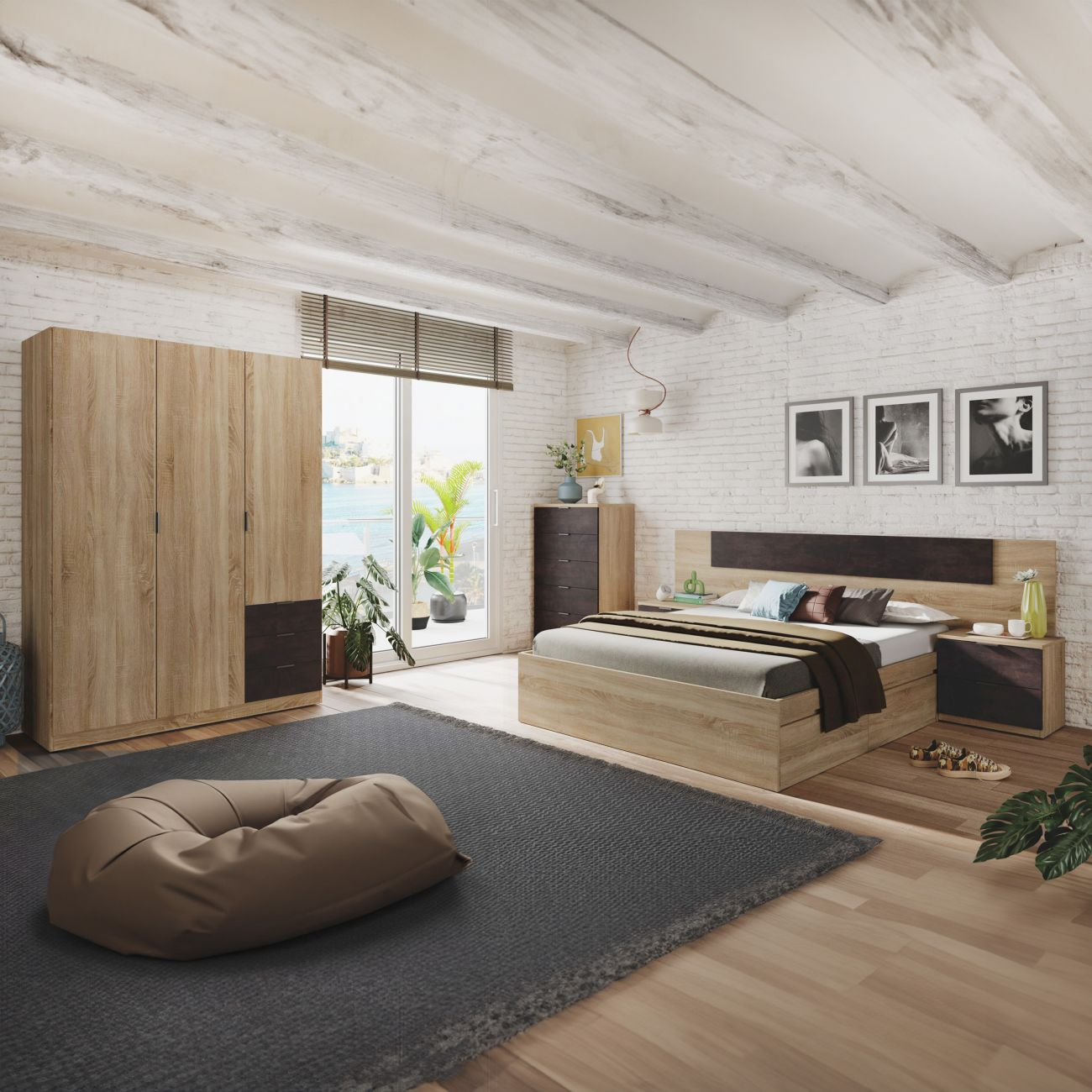 Dormitorio moderno con muebles de madera, cama grande, armario y ventana con vistas al mar.