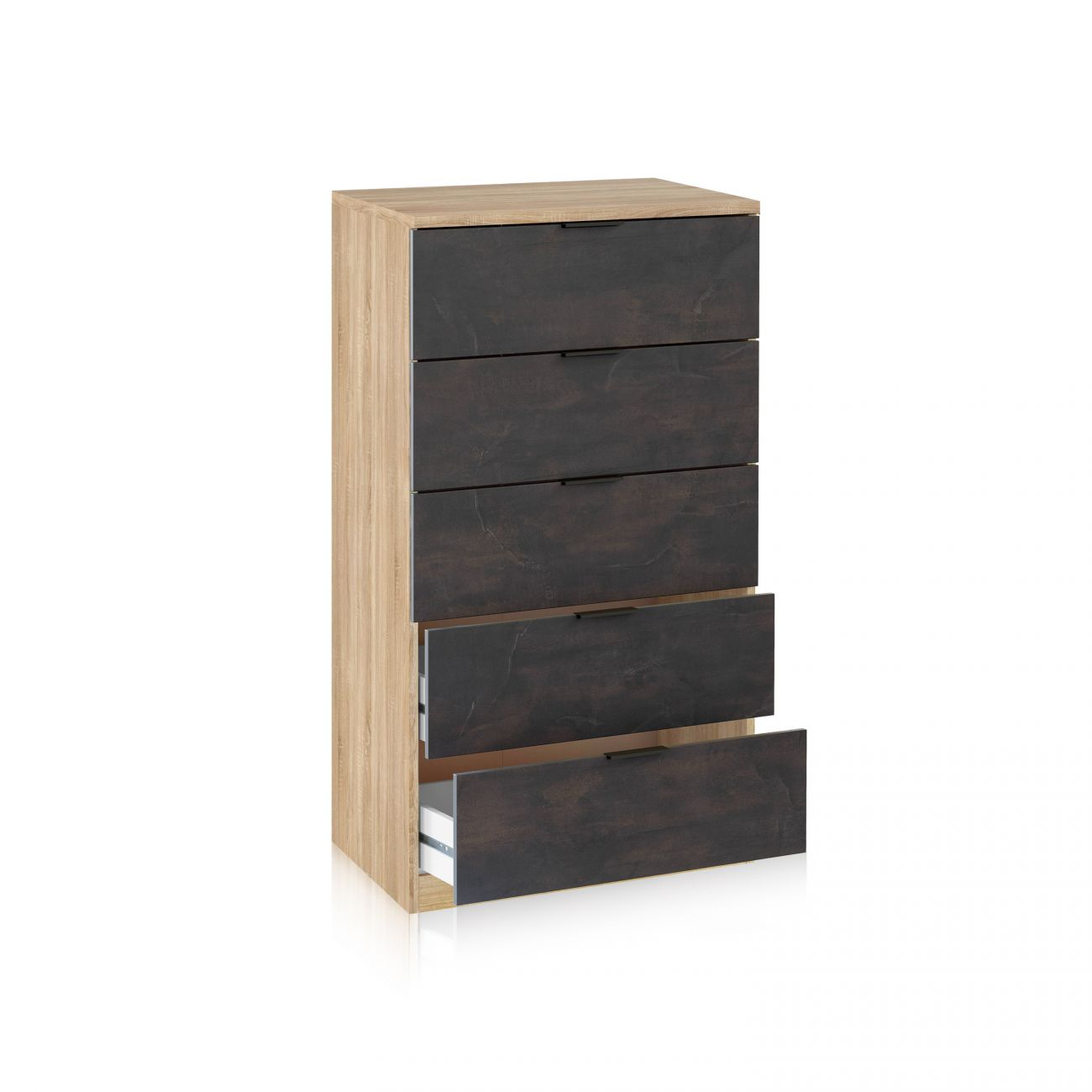 Cómoda de madera con frentes de cajón oscuros, uno ligeramente abierto.