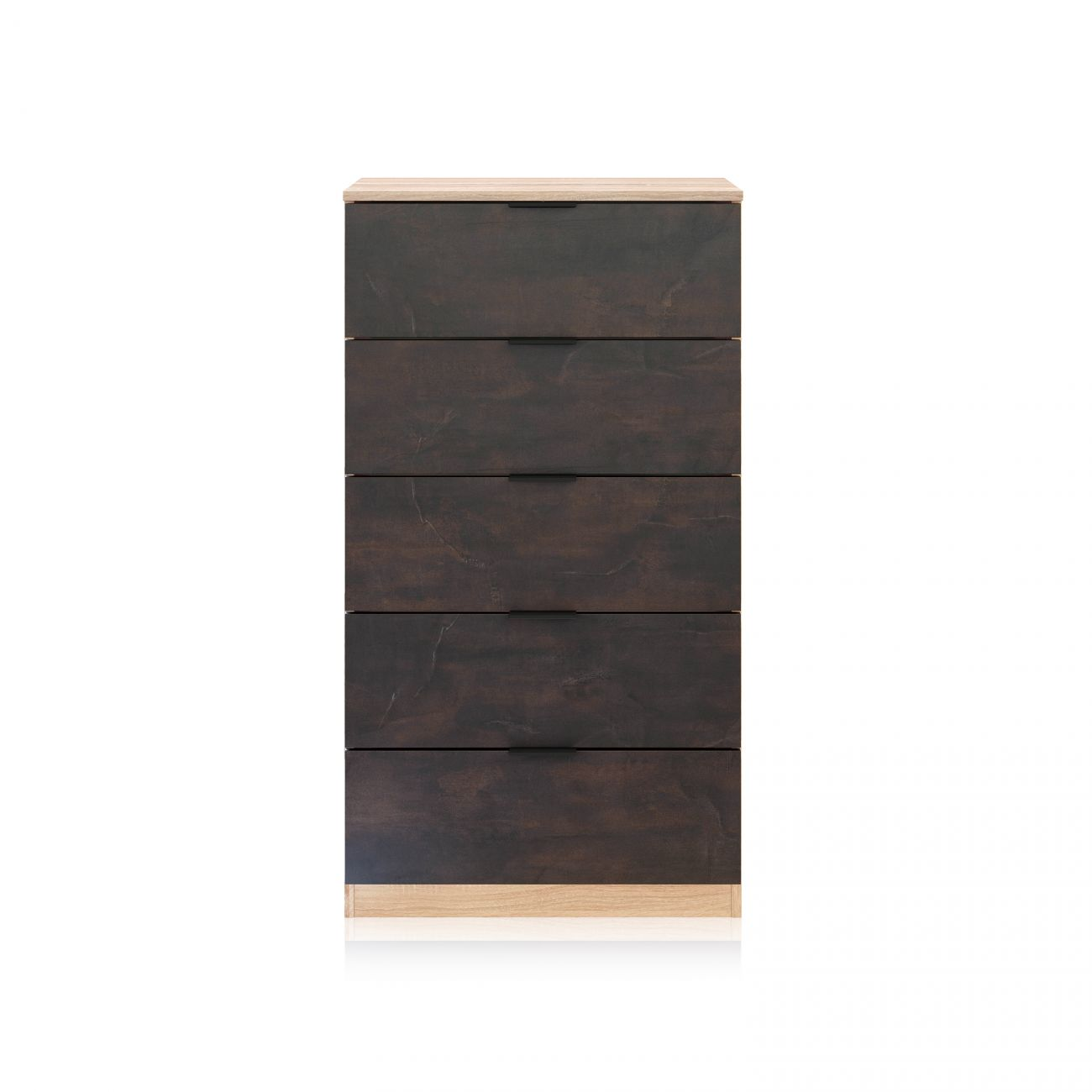 Cómoda de madera oscura con seis cajones y marco de madera clara.