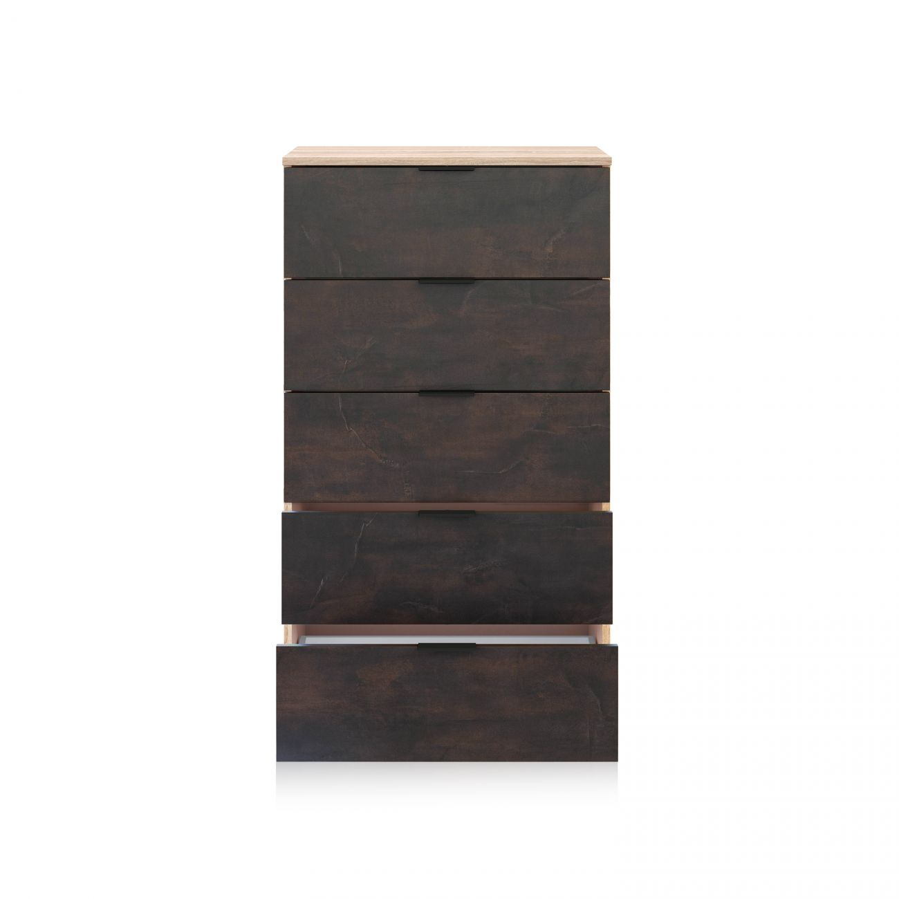 Cómoda marrón oscuro con seis cajones y tapa de madera clara.