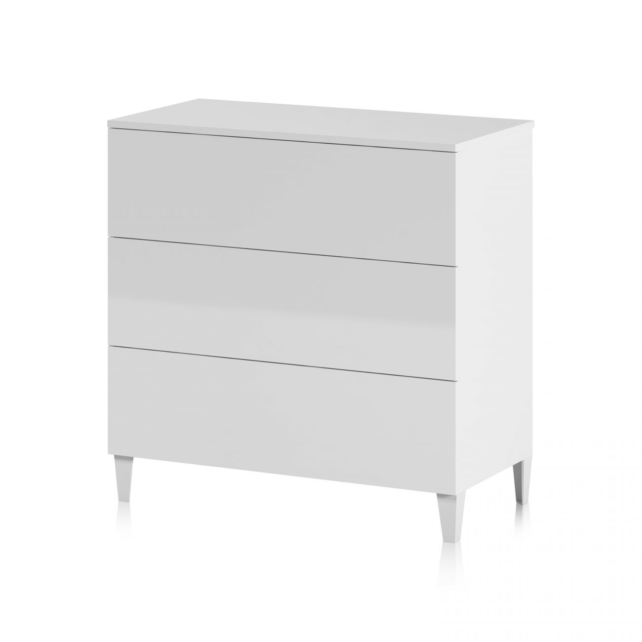 Una cómoda blanca minimalista con tres cajones y cuatro patas cónicas, proyectando una sutil sombra sobre un fondo blanco.