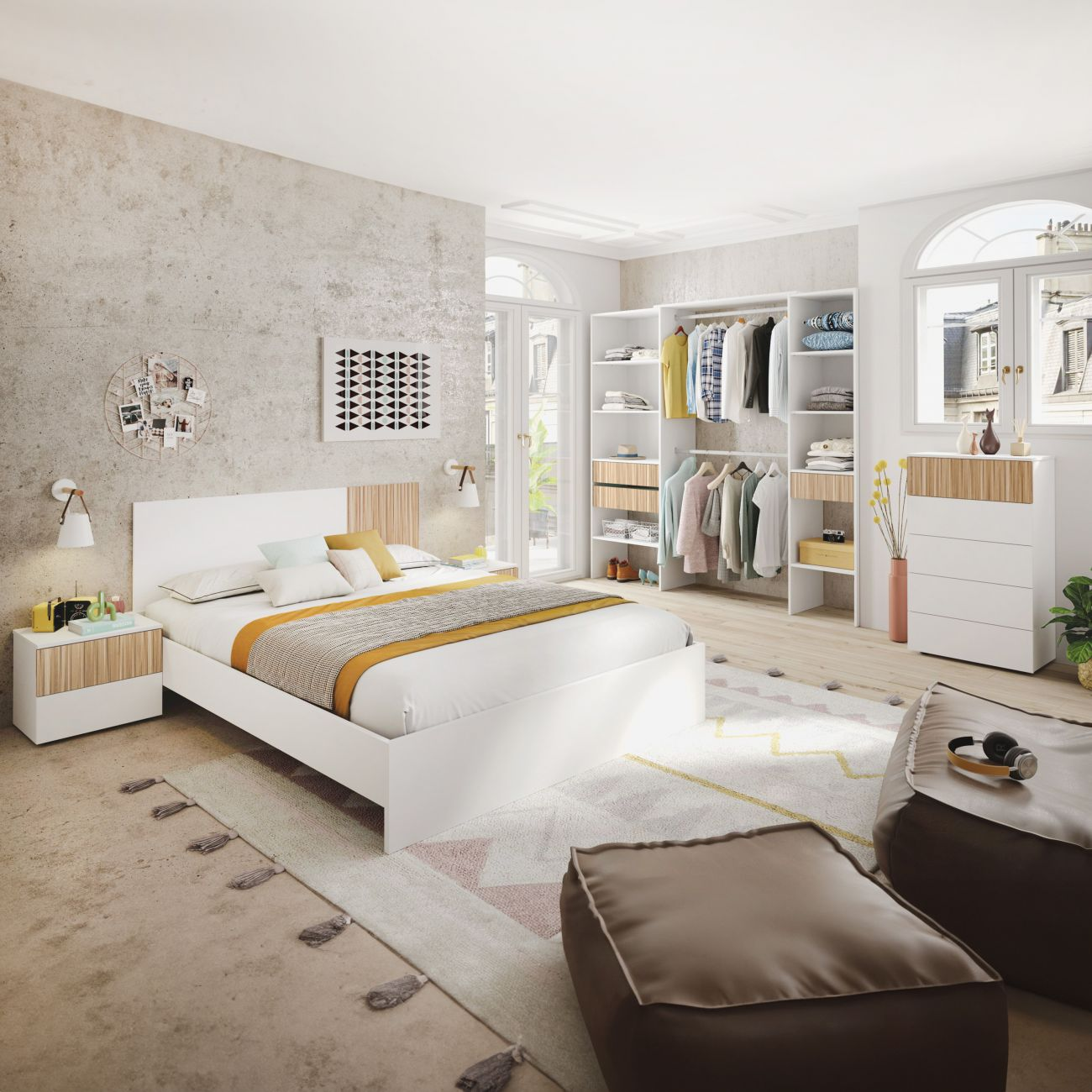 Un dormitorio moderno con cama blanca, armario abierto y pufs.