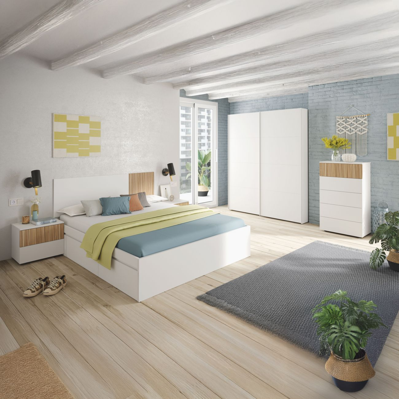 Un dormitorio moderno con cama, armario y cómoda blancos.