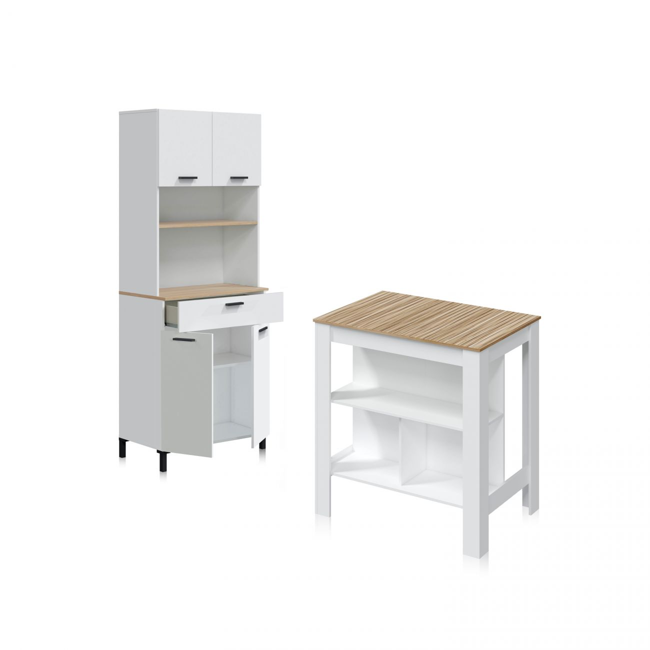 Armario de cocina blanco con cajn y puerta abiertos, junto a una isla blanca con tapa de madera.