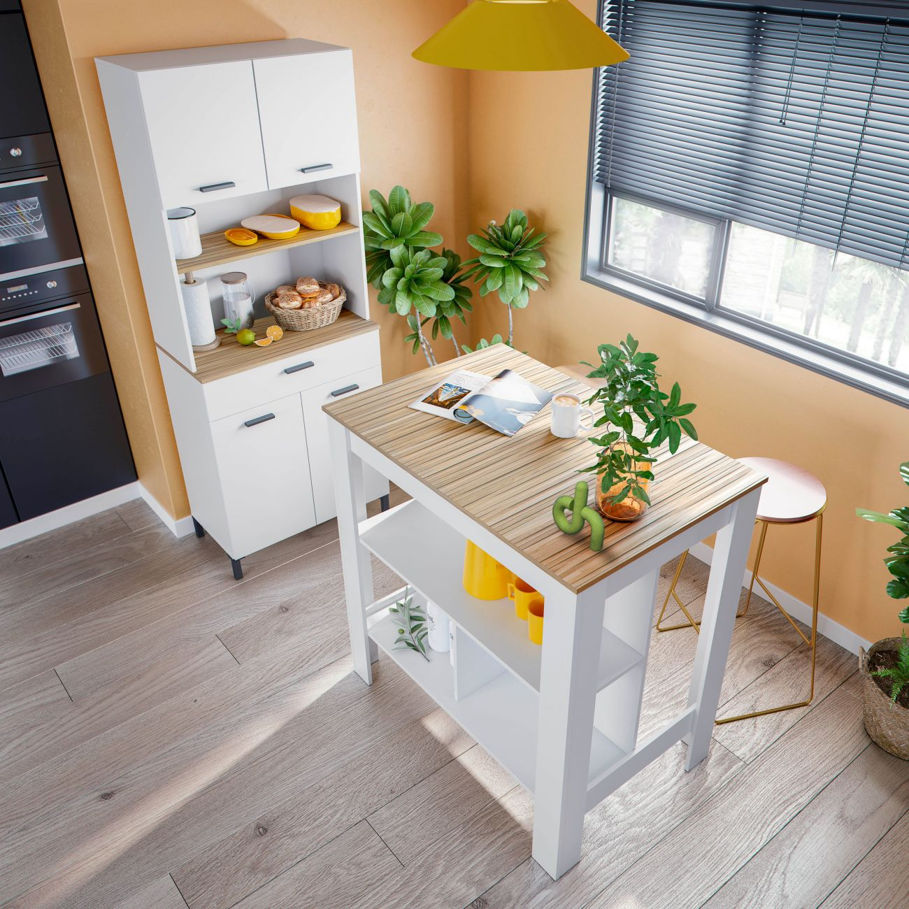 Cocina moderna con armario blanco, mesa de madera, plantas y ventana. Pared naranja.